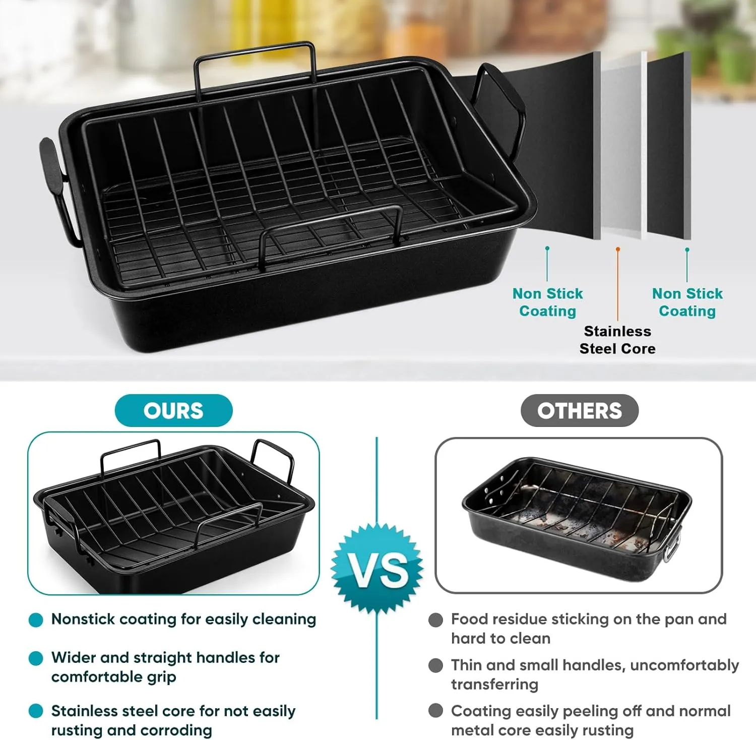 TeamFar Roasting Pan, 16’’ Nonstick Deep Lasagna Brownie Turkey Pan with V-Shaped Rack & Cooling Rack, with Stainless Steel Core & Nonstick Coating, Healthy & Sturdy Handles, Easy to Clean, Set of 3