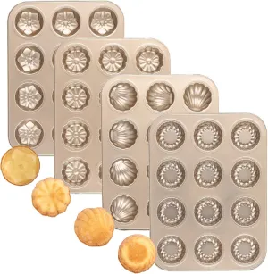 Tecbeauty 4Pcs 12 Cavity Madeleine Pans, 14x10.4 Inch Non-Stick Daisy, Pumpkin, Plum Blossom, Shell Shaped Baking Cake Cookies Pan Carbon Steel Madeline Mold