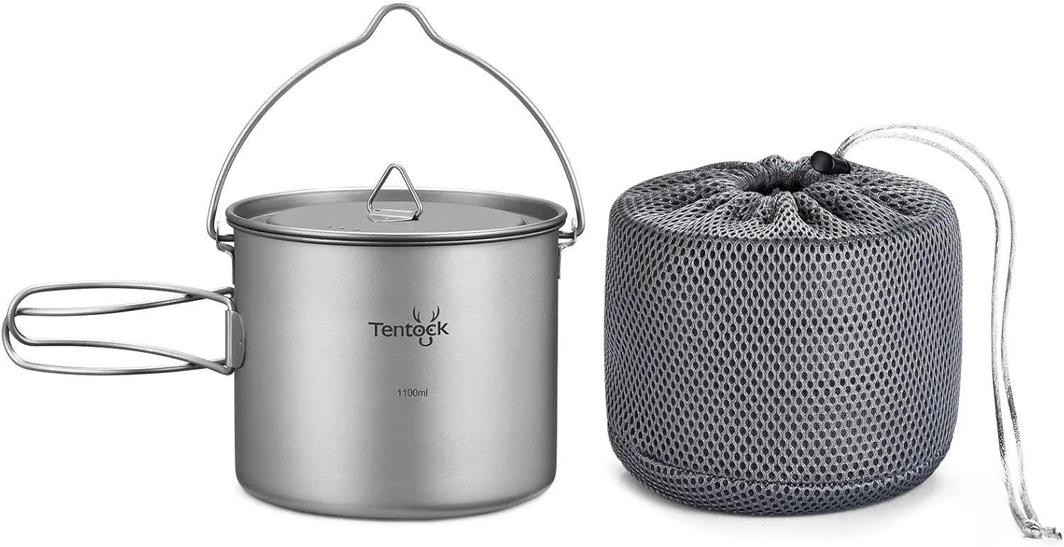 Tentock Camping Titanium Pot 1100ML with Lid and Bail Folding Handles Ultralight Cooking Cup Backpacking Cookware with Storage Bags