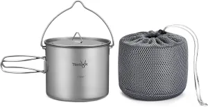 Tentock Camping Titanium Pot 1100ML with Lid and Bail Folding Handles Ultralight Cooking Cup Backpacking Cookware with Storage Bags