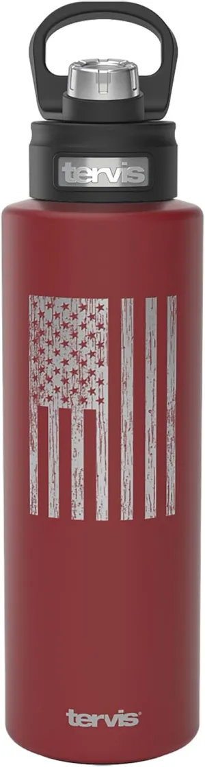 Tervis Distressed American Flag Engraved on Foxberry Red Triple Walled Insulated Tumbler Travel Cup Keeps Drinks Cold, 40oz Wide Mouth Bottle, Stainless Steel