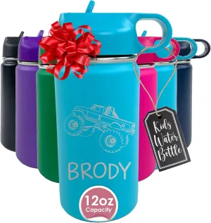 The Crafty Engineer Personalized Monster Truck Water Bottle for Kids - Custom Engraved Cup for Boys, Girls & Toddlers - Perfect Leakproof for School & Sports (Teal)