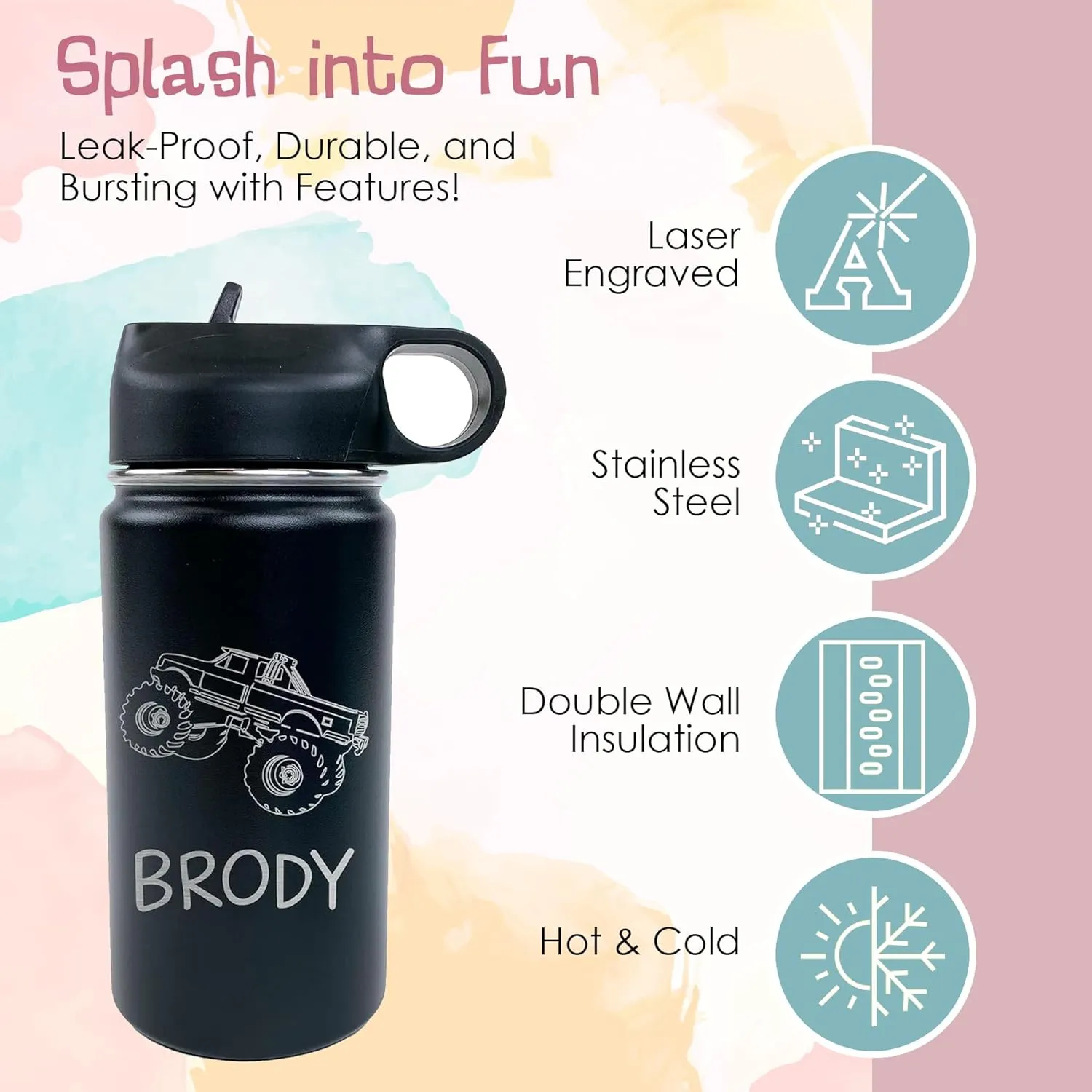 The Crafty Engineer Personalized Monster Truck Water Bottle for Kids - Custom Engraved Cup for Boys, Girls & Toddlers - Perfect Leakproof for School & Sports (Teal)