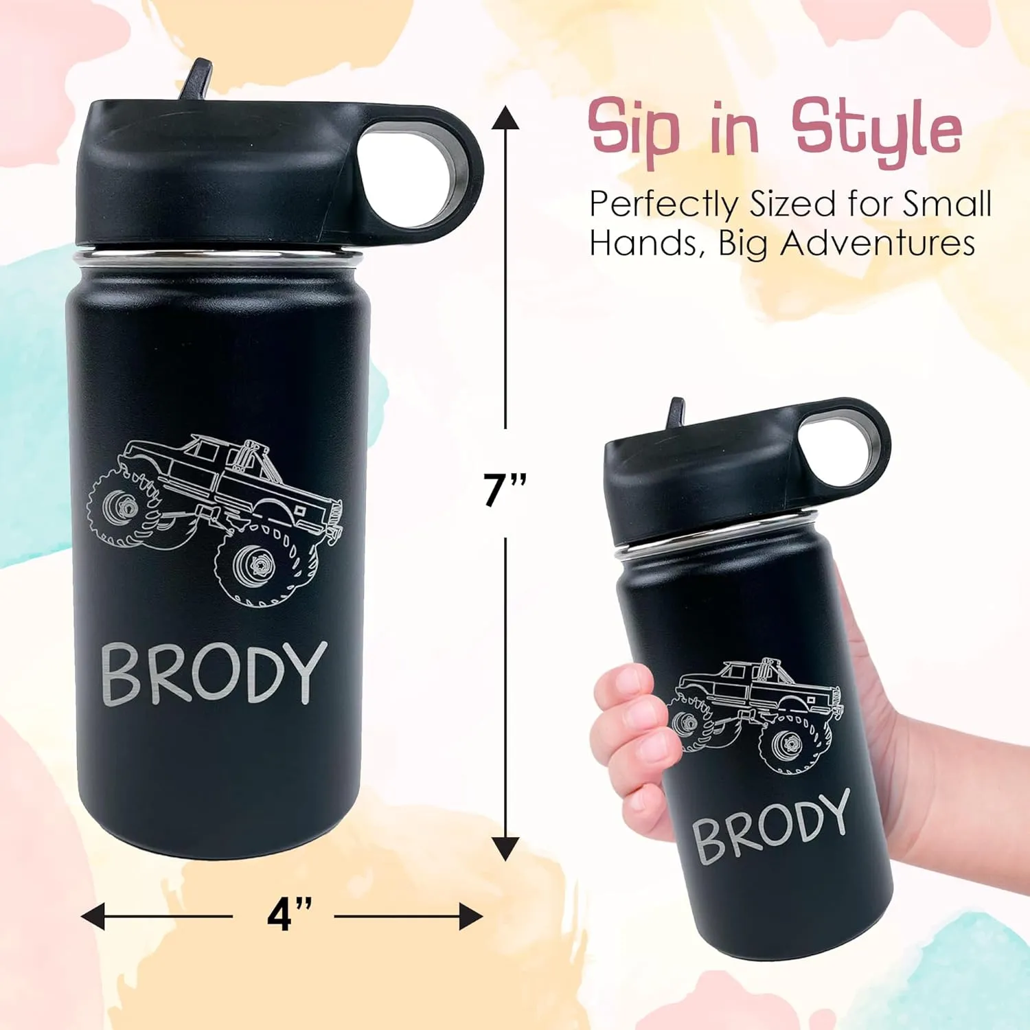 The Crafty Engineer Personalized Monster Truck Water Bottle for Kids - Custom Engraved Cup for Boys, Girls & Toddlers - Perfect Leakproof for School & Sports (Teal)
