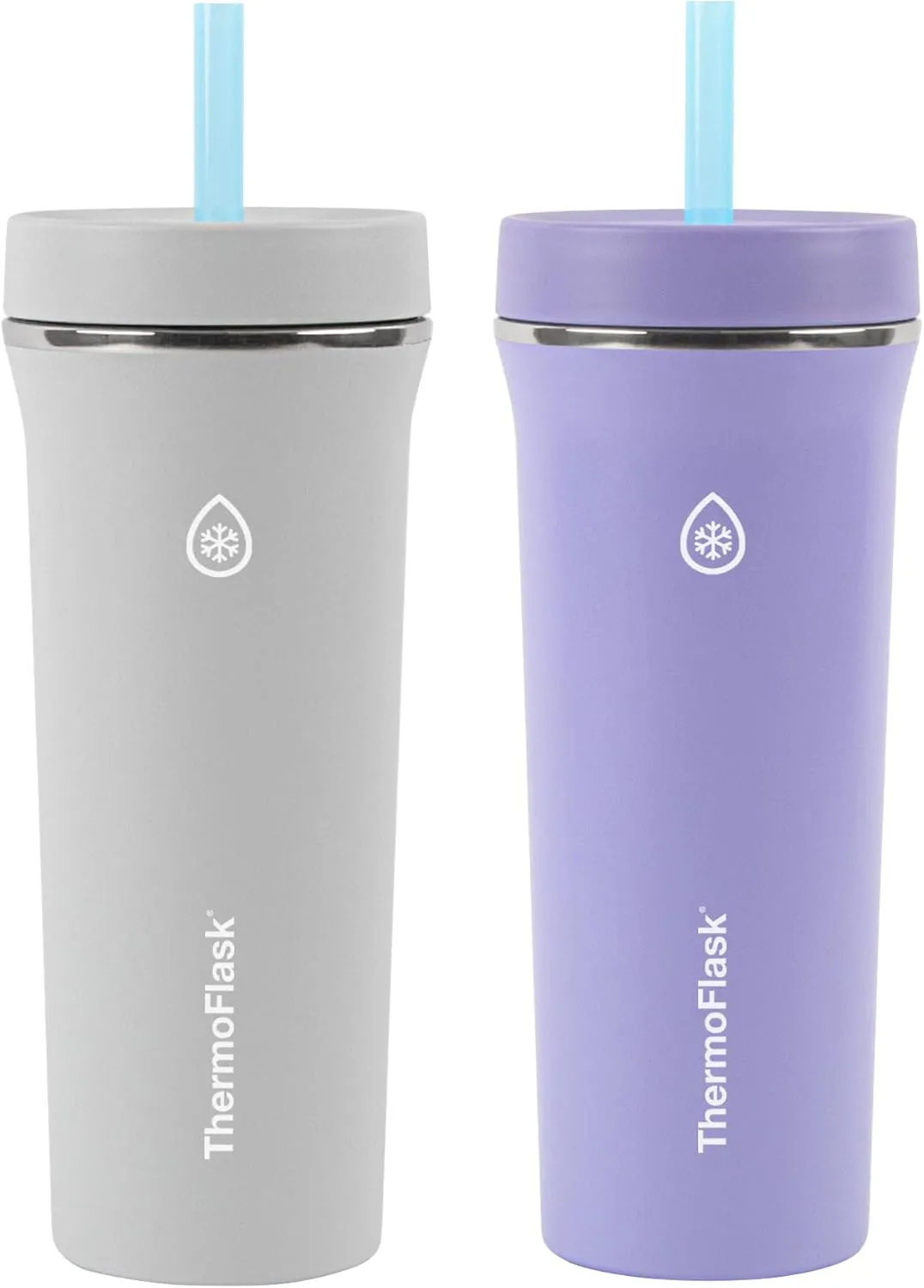 ThermoFlask Tumbler - BPA-Free Water Tumblers - Durable, Reusable Tumblers with Plastic Lids & Straws - Travel Water Container with Temp-Lock Technology - 32 oz, Purple/Grey (2 Pack)