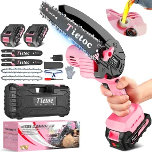 Tietoc Pink Mini Chainsaw 6 Inch Cordless, Portable Electric Chain Saw Small Handheld Battery Powered Super Saws, Tools for Household & Garden, Valentine's Day Gifts for Her Him Women Mom Mothers 2025
