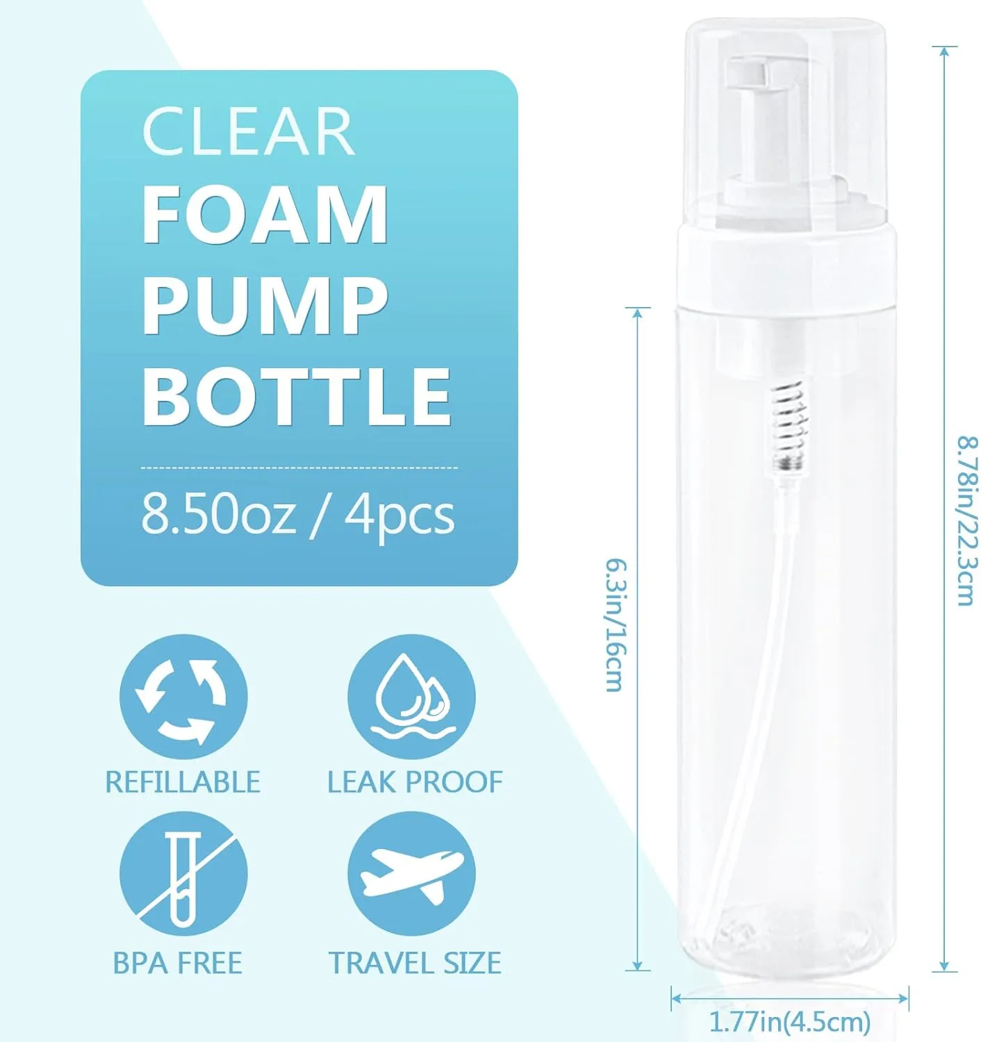 TMLECE TM Foam Pump Bottle 8.5oz/250ml Clear Empty Foam Bottle Pump, Travel Foam Bottle for Soap, Shampoo, Cleaning Foam Dispenser Bottle Refillable (4 Pack)