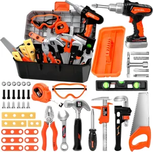 Toddler & Kids Tool Set with Electric Drill, 43 PCS STEM Educational Pretend Play Kit for Ages 3-8 - Realistic Tools & Portable Toolbox, Learning Gift for Boys & Girls (Orange/Black)‌