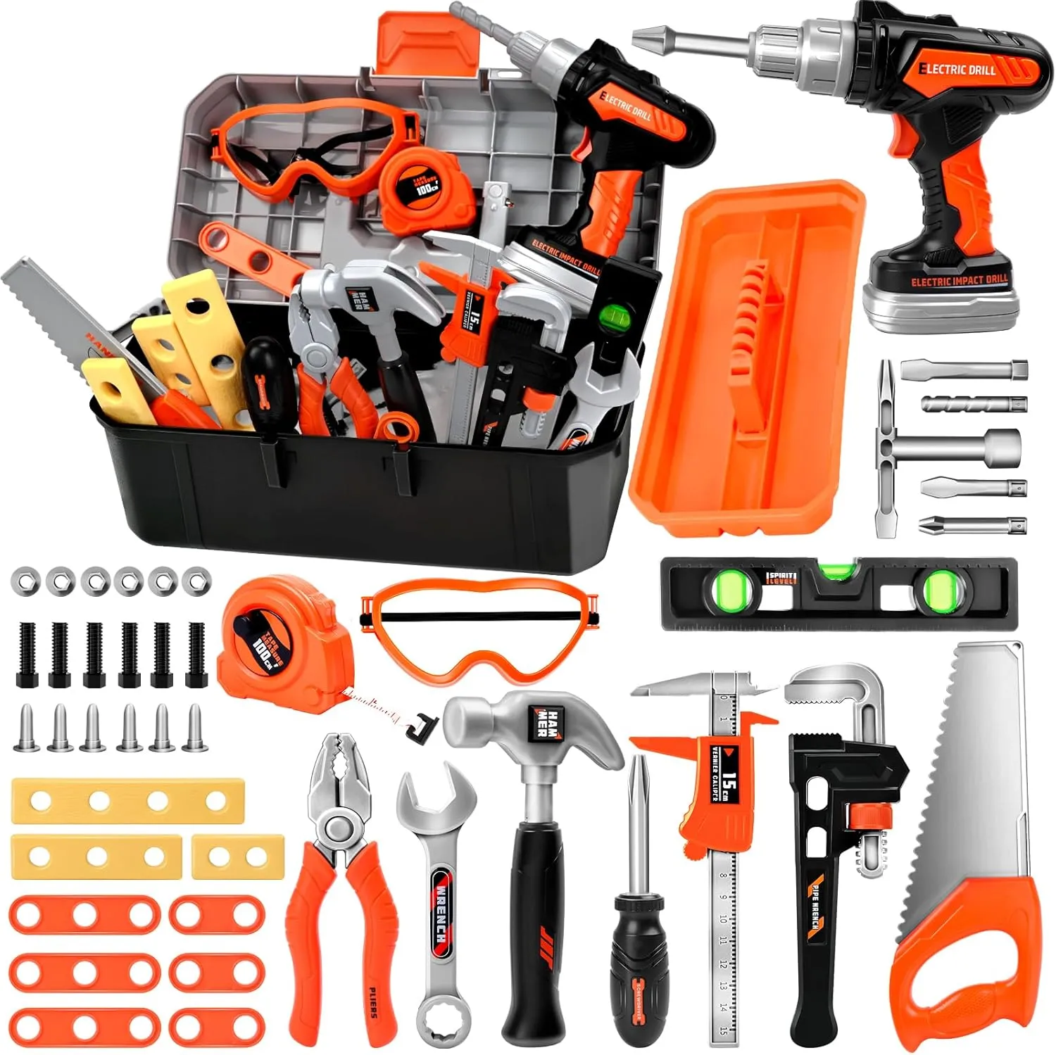 Toddler & Kids Tool Set with Electric Drill, 43 PCS STEM Educational Pretend Play Kit for Ages 3-8 - Realistic Tools & Portable Toolbox, Learning Gift for Boys & Girls (Orange/Black)‌
