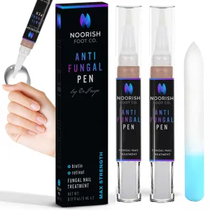 Toenail Fungus Treatment - Extra Strength - Fast Acting 3-in-1 Anti Fungal Liquid & Nail Repair - Doctor Formulated with Biotin & Retinol - 2 Treatment Pens with Glass Nail File - NOORISH FOOT CO.
