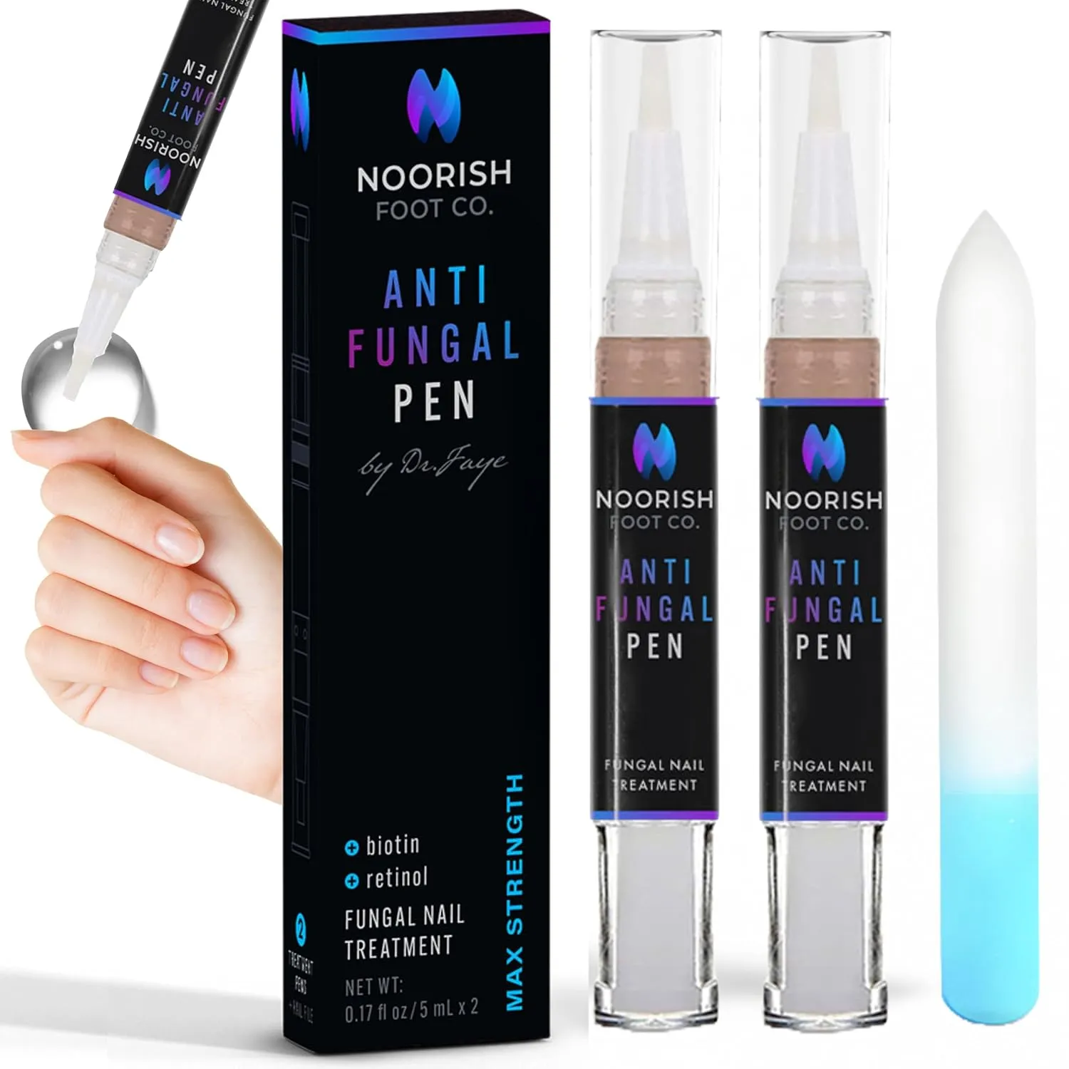 Toenail Fungus Treatment - Extra Strength - Fast Acting 3-in-1 Anti Fungal Liquid & Nail Repair - Doctor Formulated with Biotin & Retinol - 2 Treatment Pens with Glass Nail File - NOORISH FOOT CO.