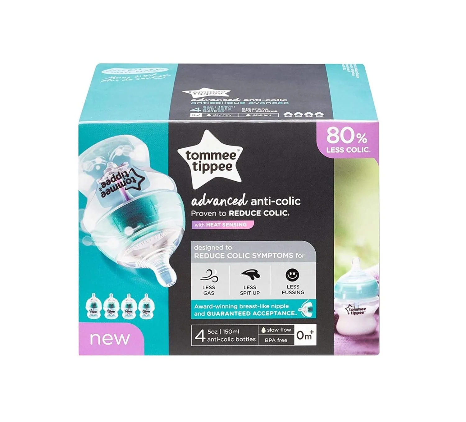 Tommee Tippee Anti-Colic Baby Bottles, Slow Flow Breast-Like Nipple and Unique Anti-Colic Venting System, 5oz, 4 Count