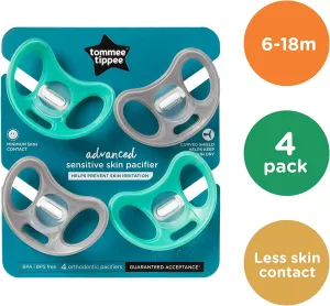 Tommee Tippee Advanced Sensitive Skin Soother, Unique Shield for Less Skin Contact, Symmetrical Orthodontic Design, 6-18m, Pack of 4 Dummies