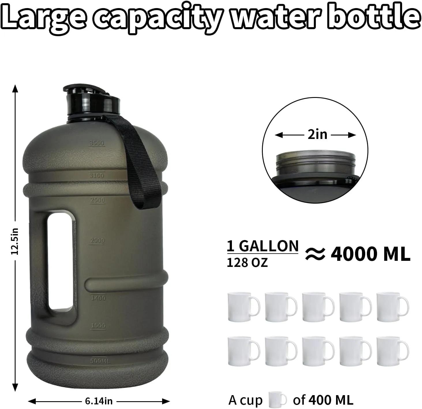 TOOFEEL 1 Gallon Water Bottle - 128 oz With Flip Lid, Measurements Marked, Leak Proof BPA Free Jug for Gym, Sports - Matte Black