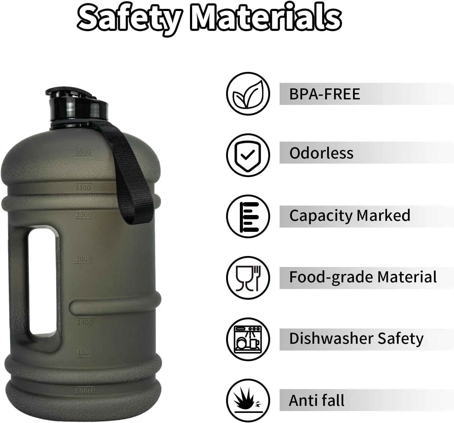 TOOFEEL 1 Gallon Water Bottle - 128 oz With Flip Lid, Measurements Marked, Leak Proof BPA Free Jug for Gym, Sports - Matte Black