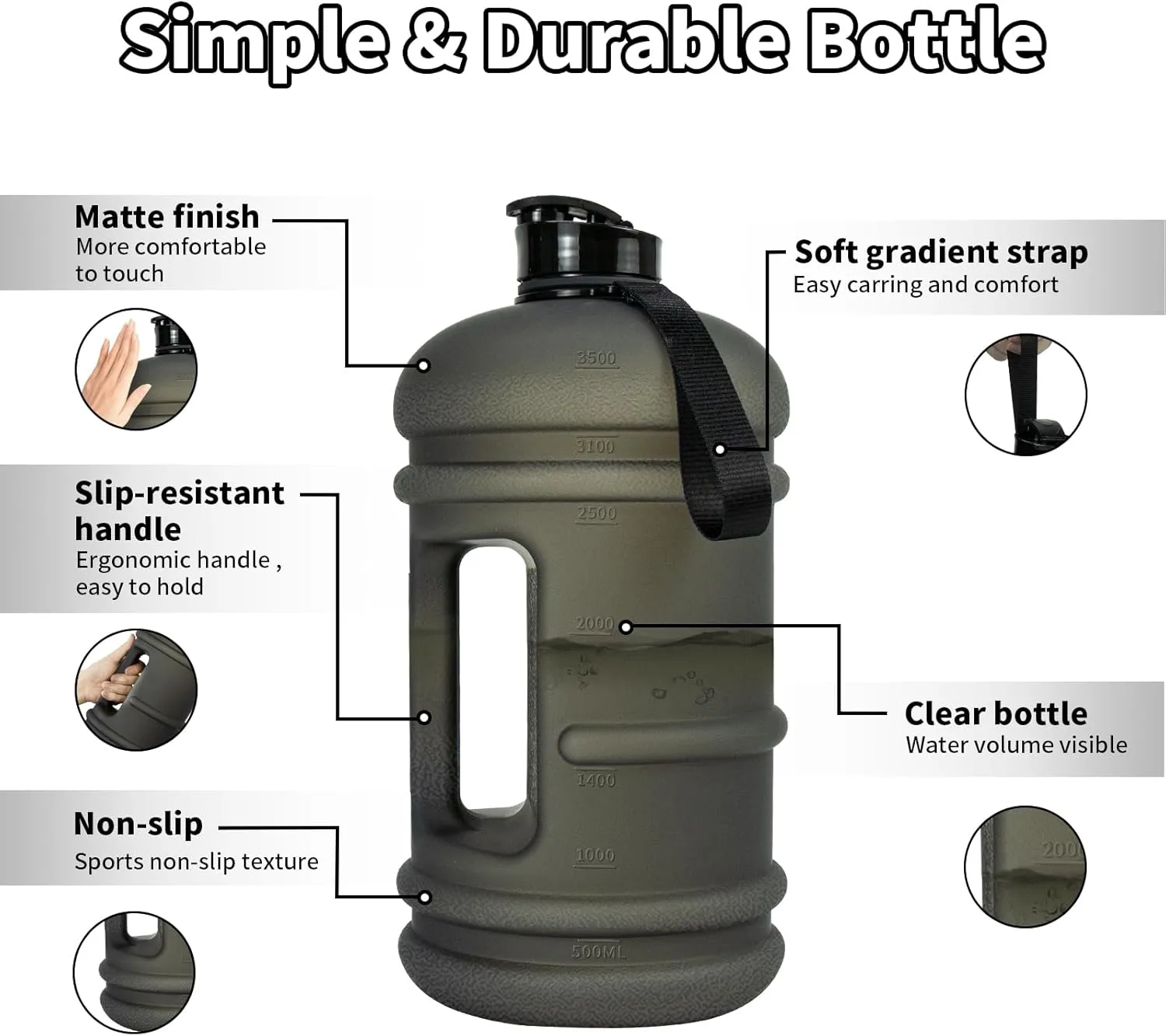 TOOFEEL 1 Gallon Water Bottle - 128 oz With Flip Lid, Measurements Marked, Leak Proof BPA Free Jug for Gym, Sports - Matte Black
