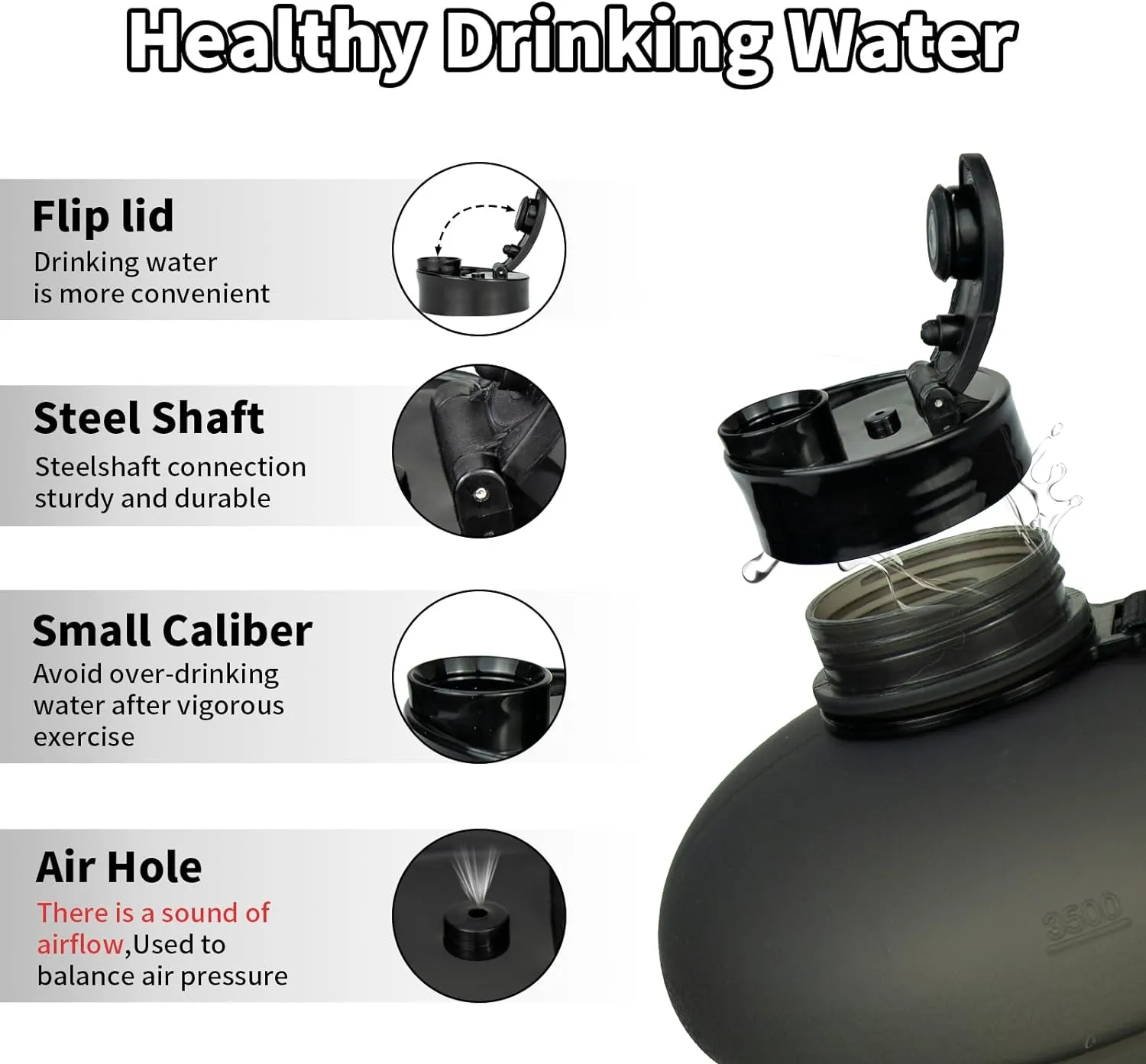TOOFEEL 1 Gallon Water Bottle - 128 oz With Flip Lid, Measurements Marked, Leak Proof BPA Free Jug for Gym, Sports - Matte Black