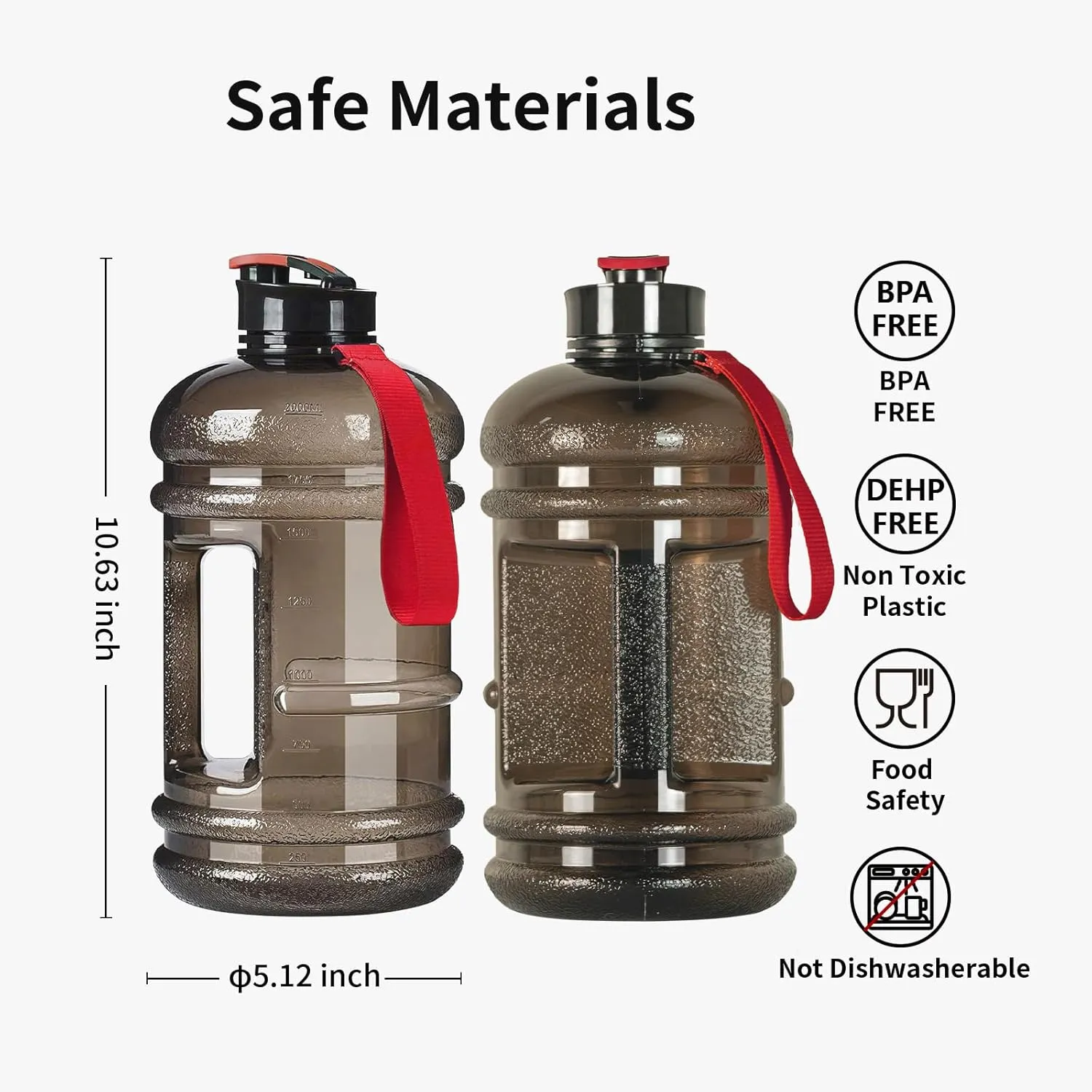 TOOFEEL 2.2L Half Gallon Water Bottle BPA Free - Ideal for Gym, Big Water Jug, Reusable Sports Bottle with Measurements Marked Drink Container (74oz Clear Black Water Bottles)