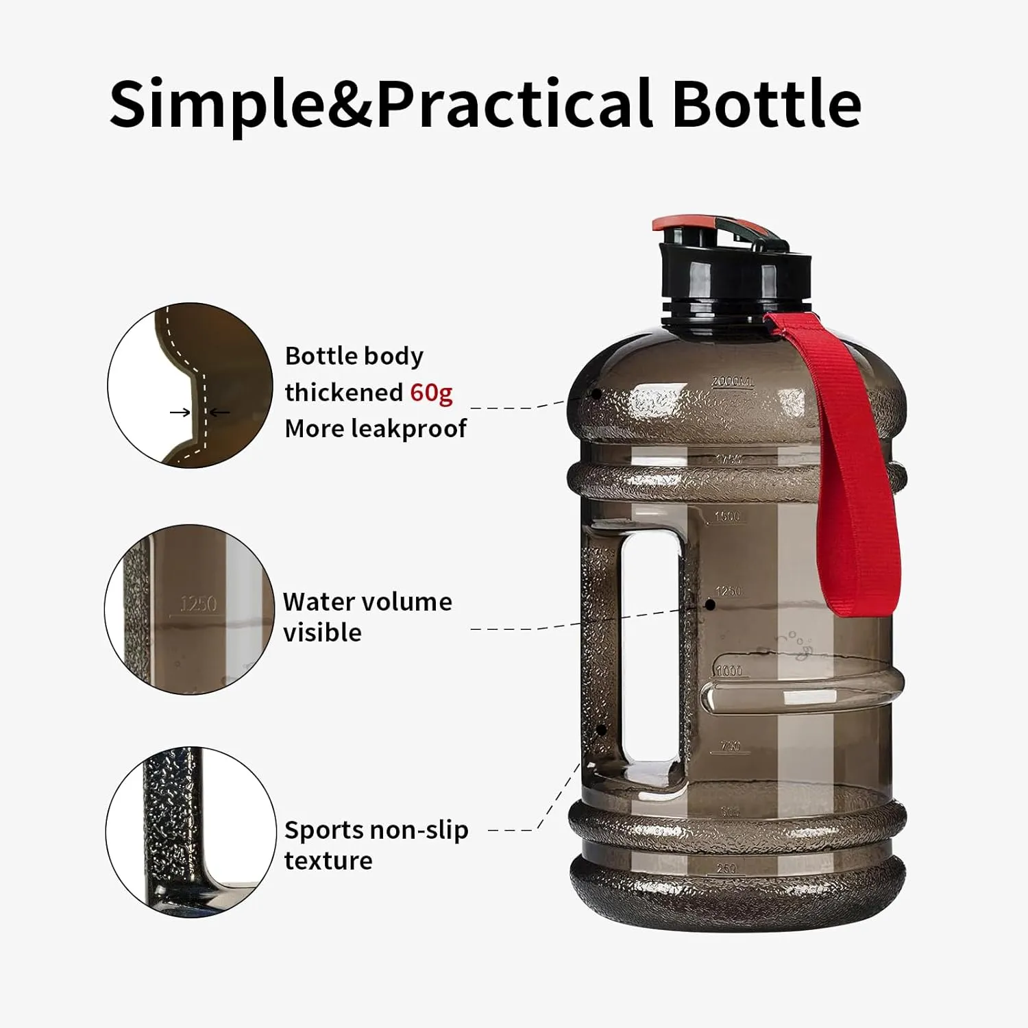 TOOFEEL 2.2L Half Gallon Water Bottle BPA Free - Ideal for Gym, Big Water Jug, Reusable Sports Bottle with Measurements Marked Drink Container (74oz Clear Black Water Bottles)