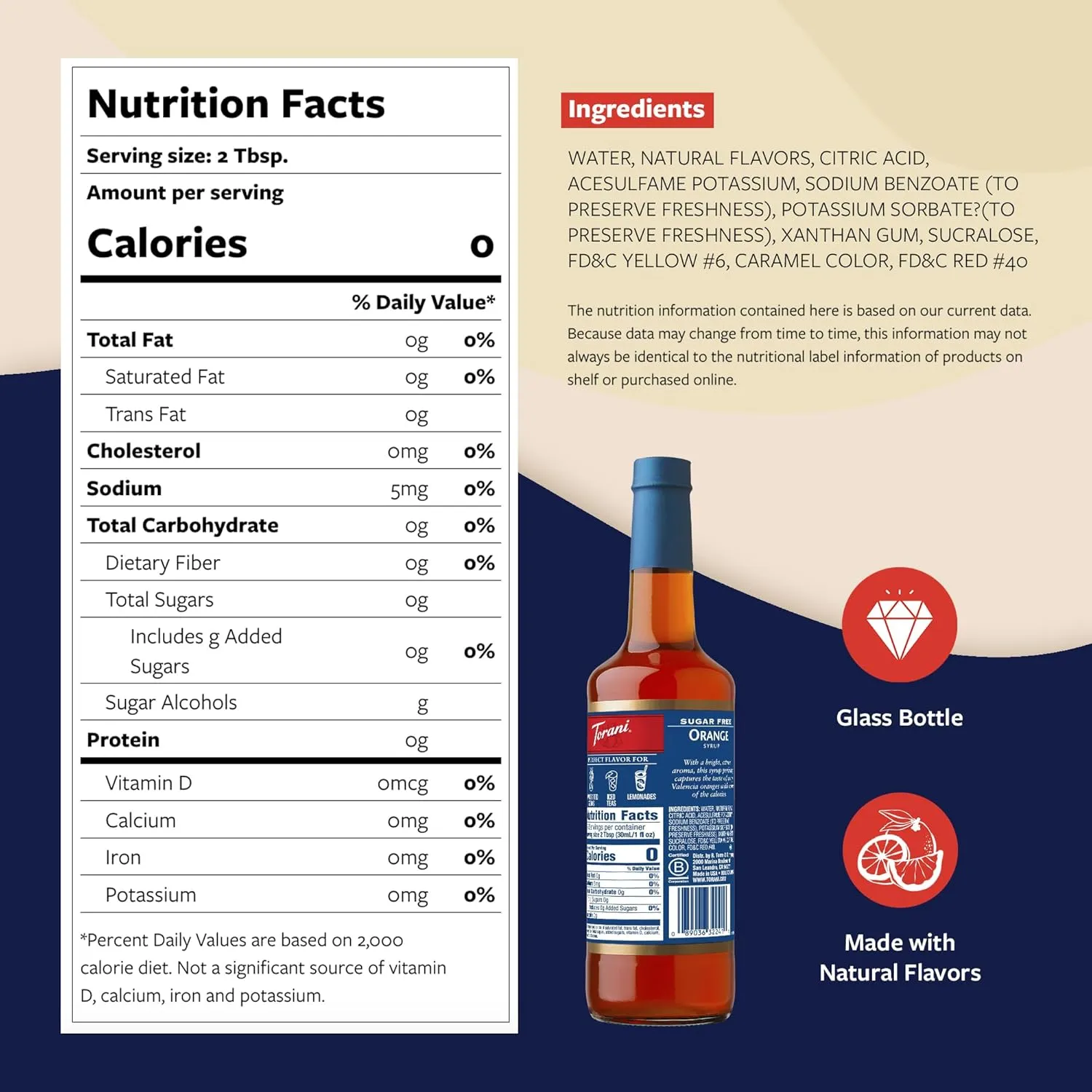 Torani Sugar Free Syrup, Orange Flavoring for Drinks, Zero Calorie, Glass Bottle with Pump Included, 25.4 Fl Oz