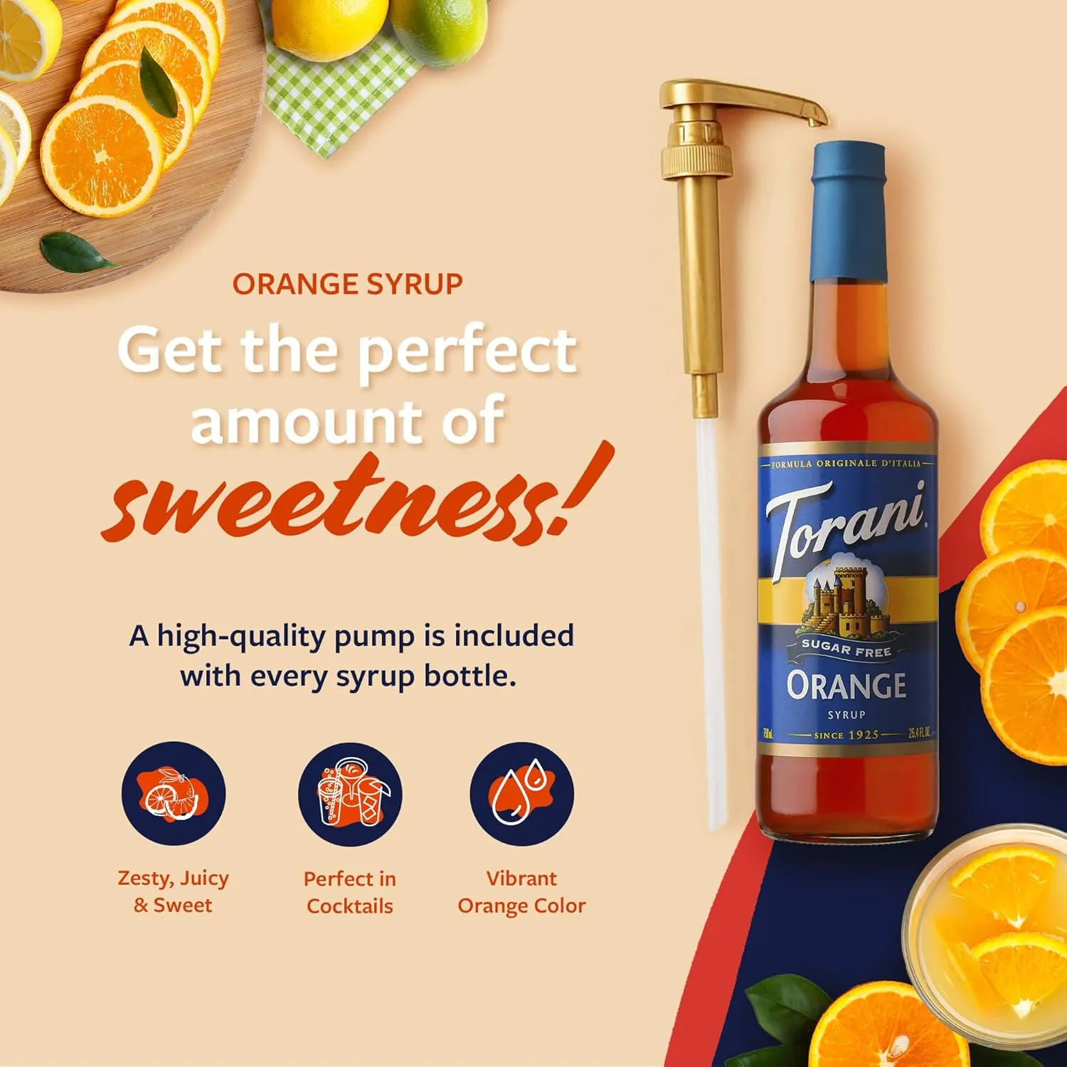 Torani Sugar Free Syrup, Orange Flavoring for Drinks, Zero Calorie, Glass Bottle with Pump Included, 25.4 Fl Oz
