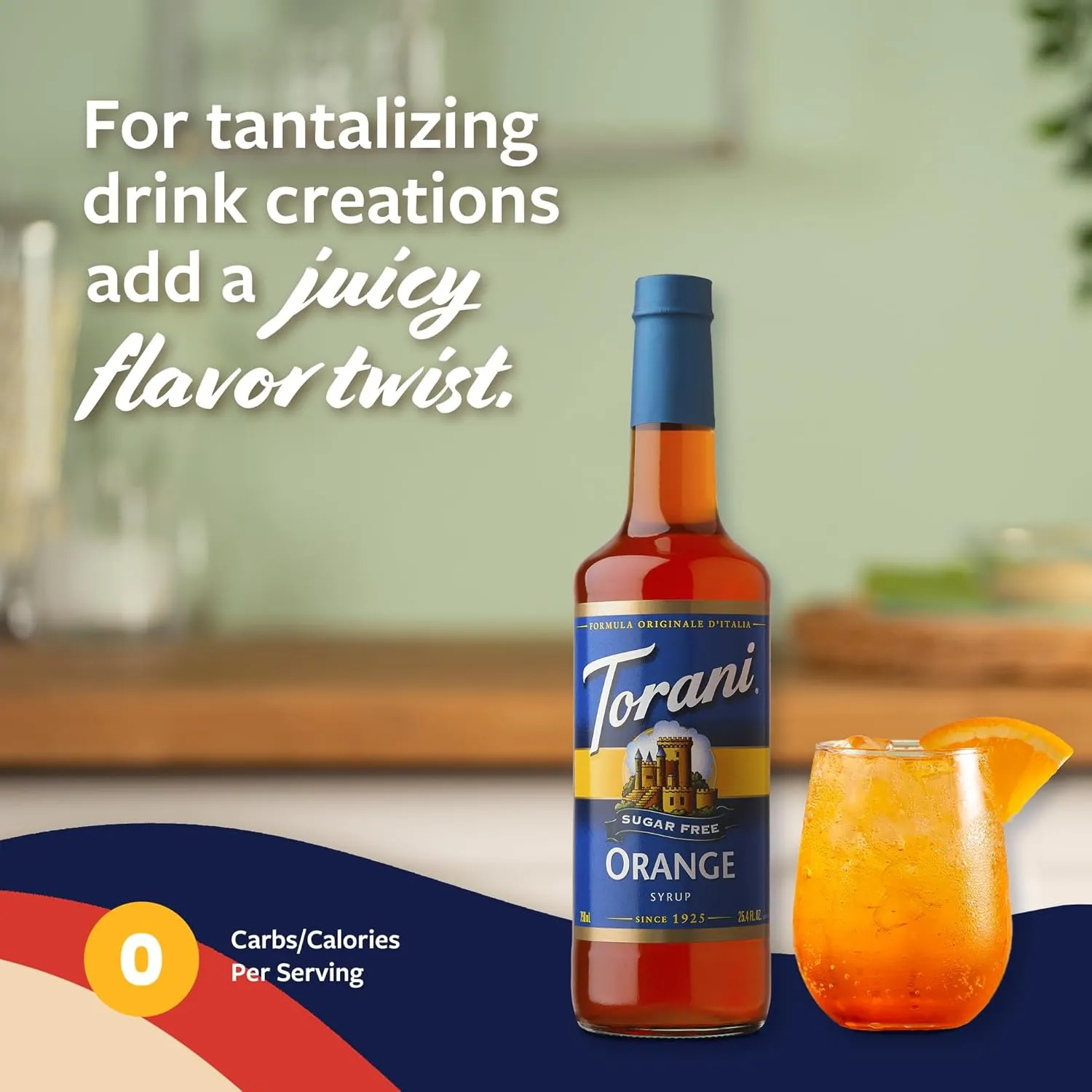 Torani Sugar Free Syrup, Orange Flavoring for Drinks, Zero Calorie, Glass Bottle with Pump Included, 25.4 Fl Oz