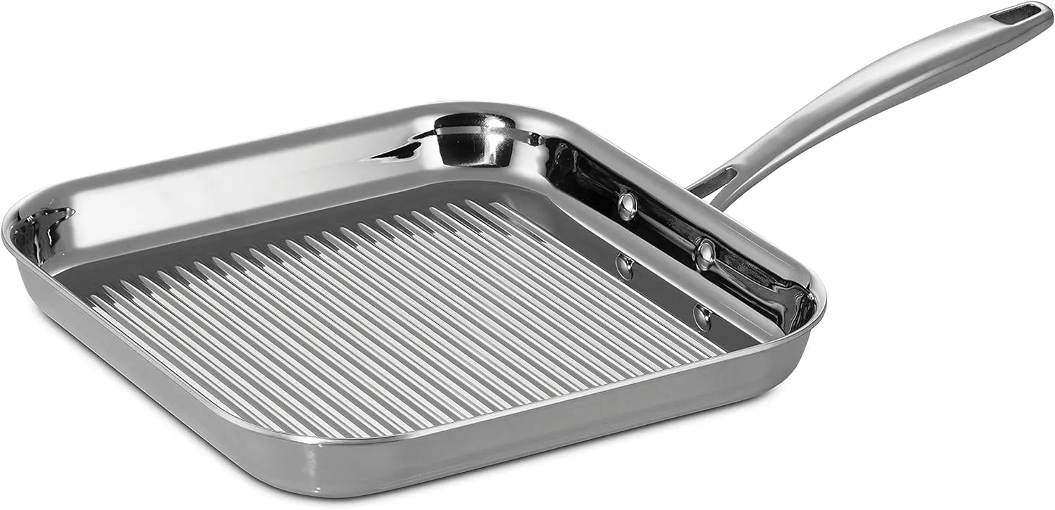 Tramontina Tri-Ply Clad Stainless Steel 11-Inch Square Grill Pan, Induction-Ready, Dishwasher-Safe, NSF-Certified, Made in Brazil