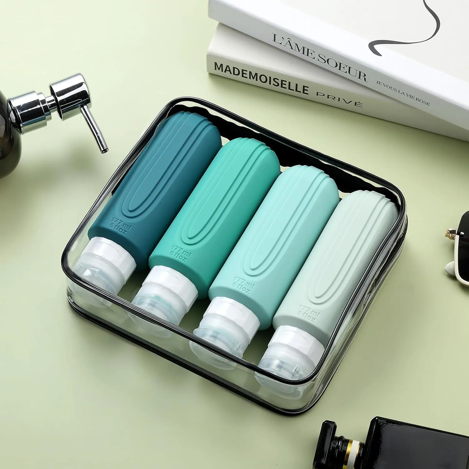 Travel Bottles for Toiletries, Large 6oz Oversize Containers, BPA Free Leak Proof Tubs Refillable Liquid Travel Accessories with Toiletry Bag for Cometic Shampoo and Lotion Soap (4 Pack)