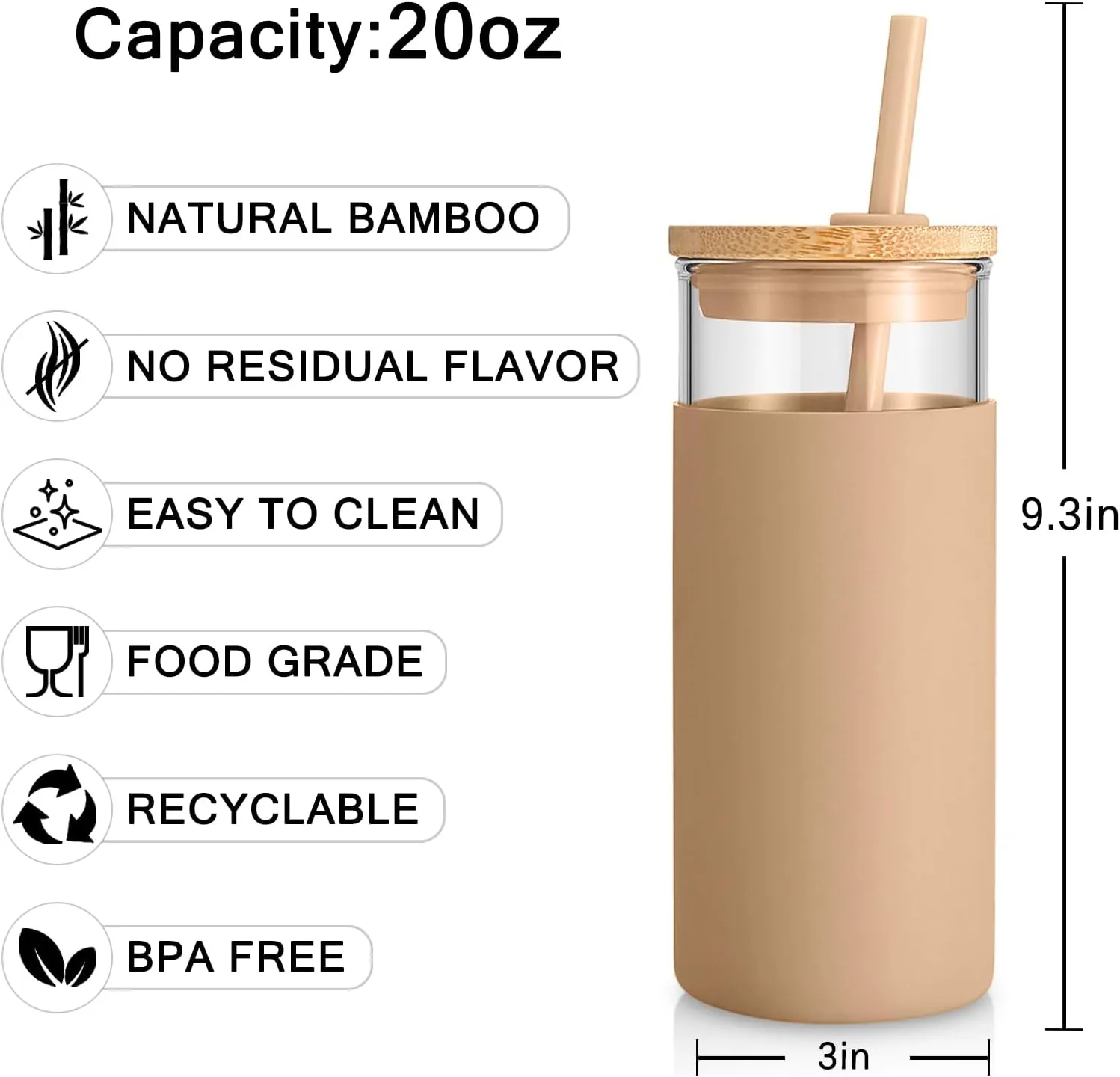 Tronco 20 oz Glass Tumbler Glass Water Bottle Straw Silicone Protective Sleeve Bamboo Lid - BPA Free - Black/2 Pack