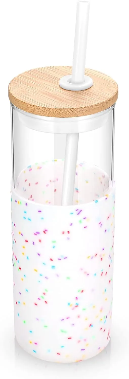 Tronco 24 oz Glass Tumbler with Straw and Lid - Glass Cup with Lid and Straw, Smoothie Cup, Iced Coffee Cup - Bamboo Lid and Protective Silicone Sleeve - BPA-Free