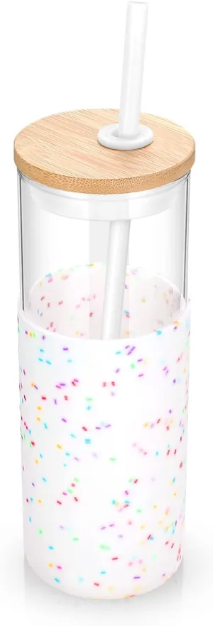Tronco 24 oz Glass Tumbler with Straw and Lid - Glass Cup with Lid and Straw, Smoothie Cup, Iced Coffee Cup - Bamboo Lid and Protective Silicone Sleeve - BPA-Free