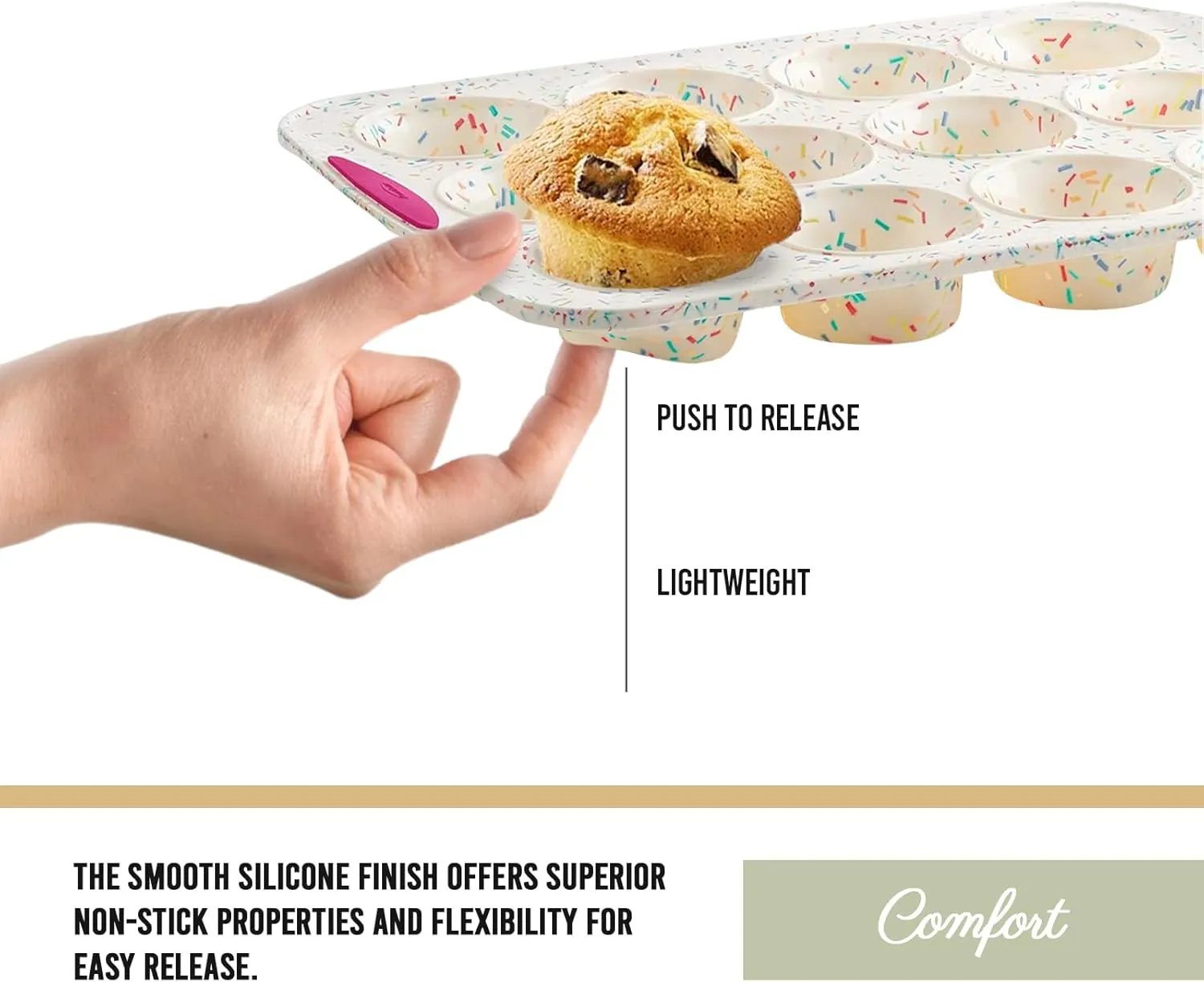 Trudeau Reinforced Structured Silicone Muffin Pan, 12-Cup, Confetti/Fuchsia – Hybrid Silicone & Hard Lining for Shape Retention, Non-Stick, Dishwasher Safe, BPA-Free Bakeware for Muffins & Cupcakes