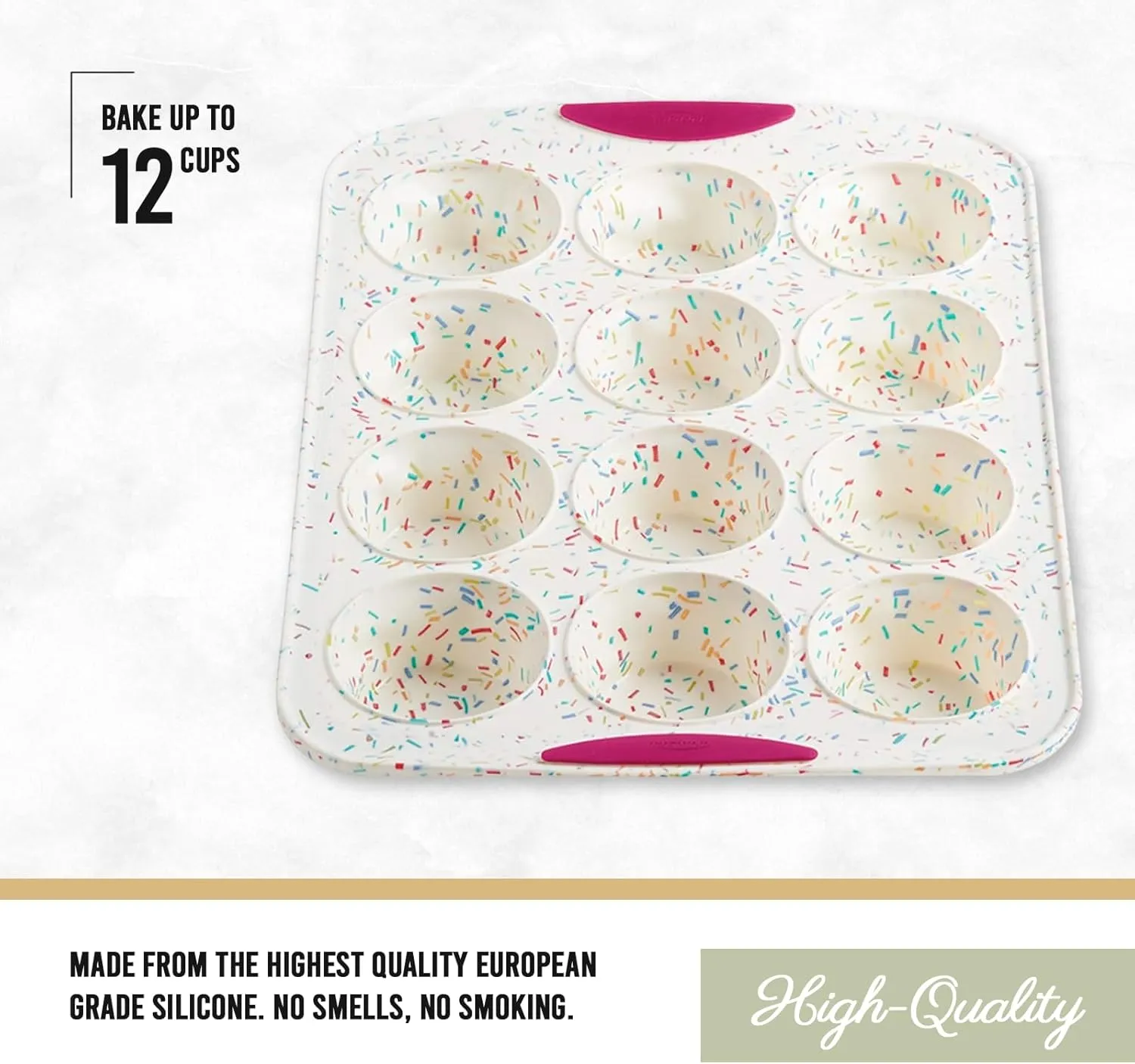 Trudeau Reinforced Structured Silicone Muffin Pan, 12-Cup, Confetti/Fuchsia – Hybrid Silicone & Hard Lining for Shape Retention, Non-Stick, Dishwasher Safe, BPA-Free Bakeware for Muffins & Cupcakes