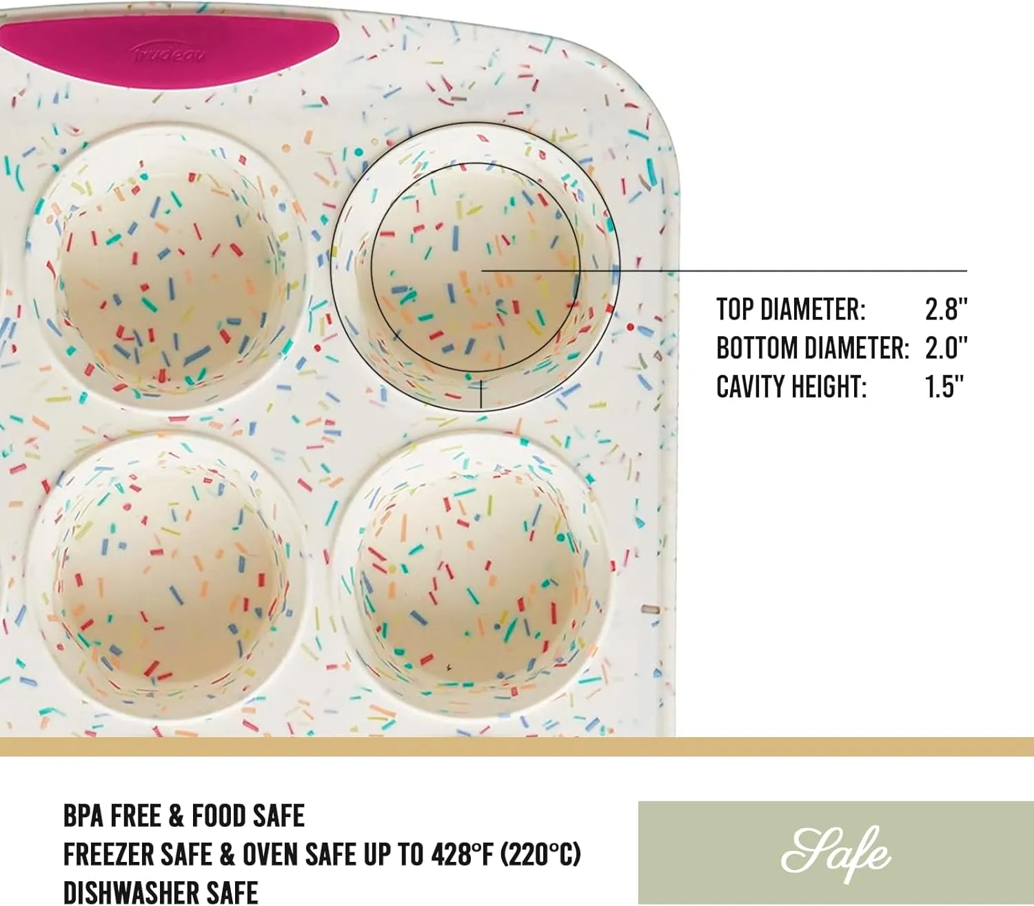 Trudeau Reinforced Structured Silicone Muffin Pan, 12-Cup, Confetti/Fuchsia – Hybrid Silicone & Hard Lining for Shape Retention, Non-Stick, Dishwasher Safe, BPA-Free Bakeware for Muffins & Cupcakes