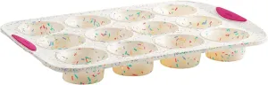 Trudeau Reinforced Structured Silicone Muffin Pan, 12-Cup, Confetti/Fuchsia – Hybrid Silicone & Hard Lining for Shape Retention, Non-Stick, Dishwasher Safe, BPA-Free Bakeware for Muffins & Cupcakes