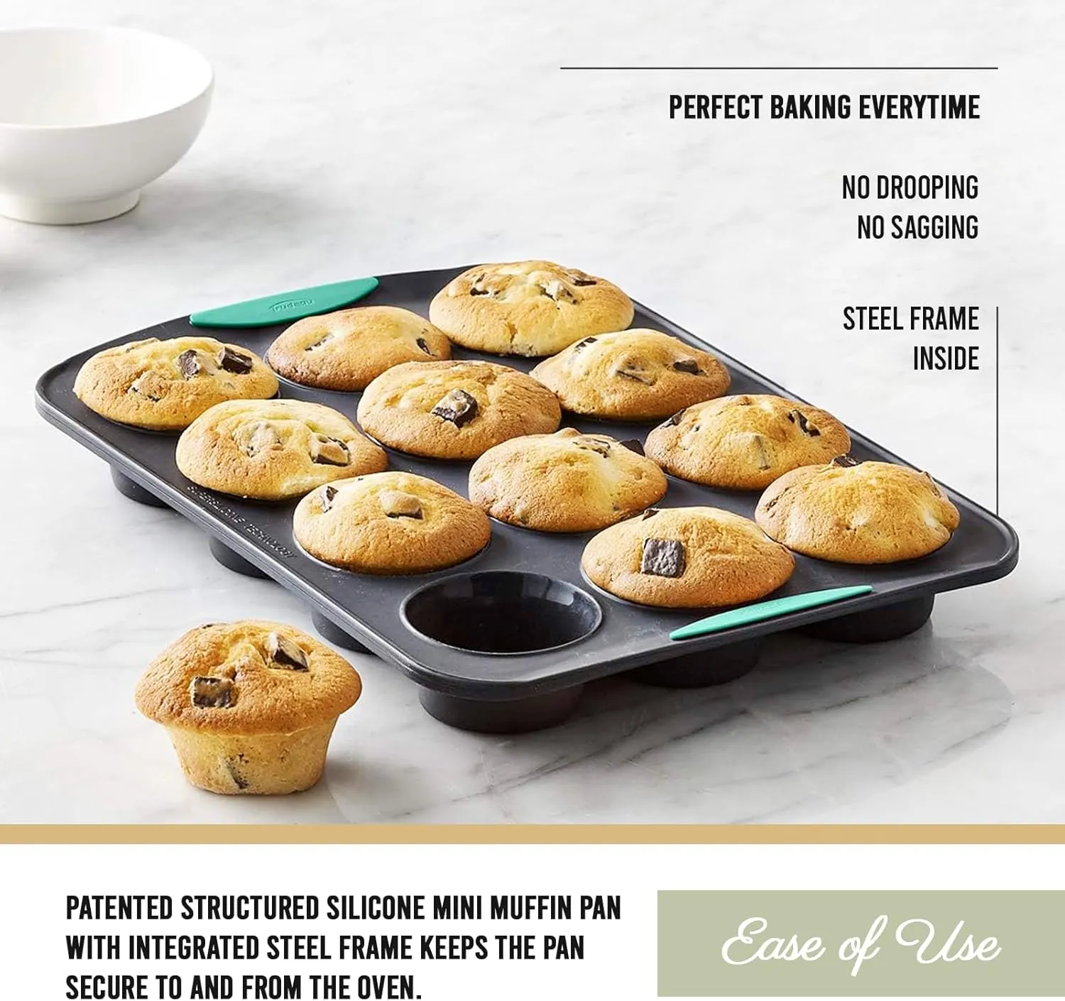 Trudeau Structure Silicone Muffin Pan – 12 Cup, Flexible Silicone with Hard Lining to Hold Shape, Non-Stick, BPA-Free, Dishwasher Safe, Heat Resistant to 428°F – Grey/Mint
