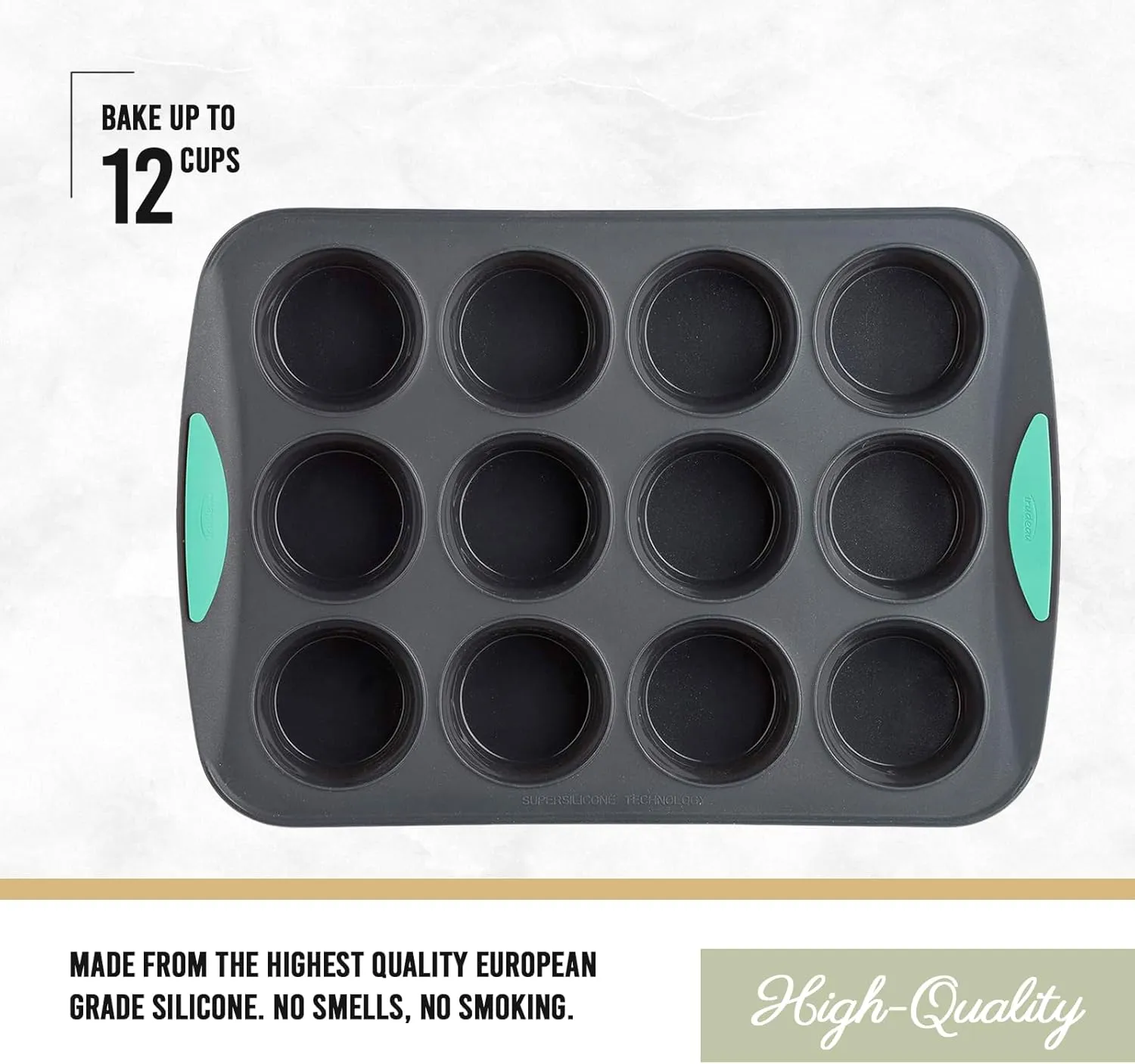 Trudeau Structure Silicone Muffin Pan – 12 Cup, Flexible Silicone with Hard Lining to Hold Shape, Non-Stick, BPA-Free, Dishwasher Safe, Heat Resistant to 428°F – Grey/Mint