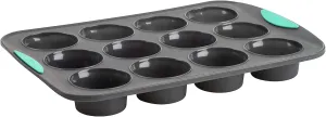 Trudeau Structure Silicone Muffin Pan – 12 Cup, Flexible Silicone with Hard Lining to Hold Shape, Non-Stick, BPA-Free, Dishwasher Safe, Heat Resistant to 428°F – Grey/Mint