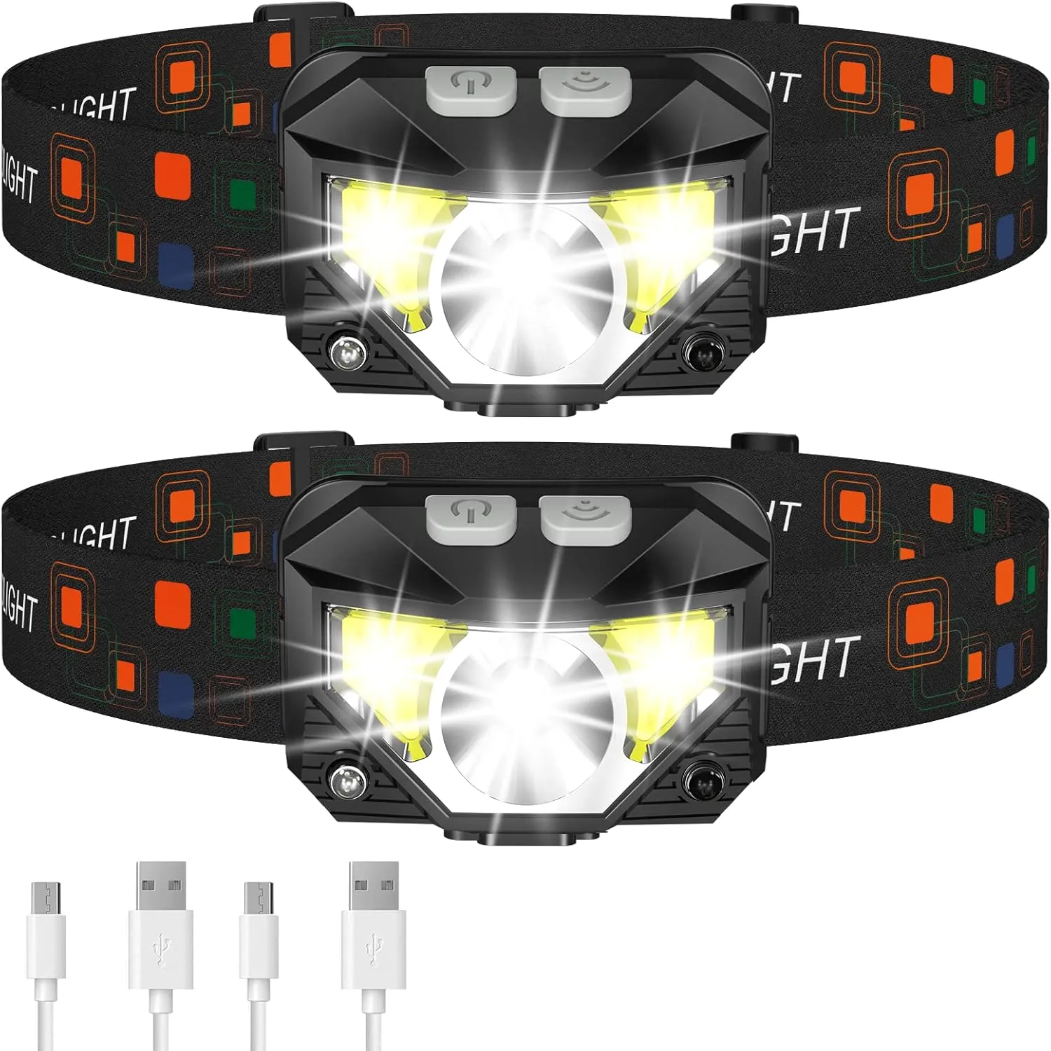Ultra-Light Rechargeable Headlamp Duo: 1200 Lm Brightness, 8 Modes