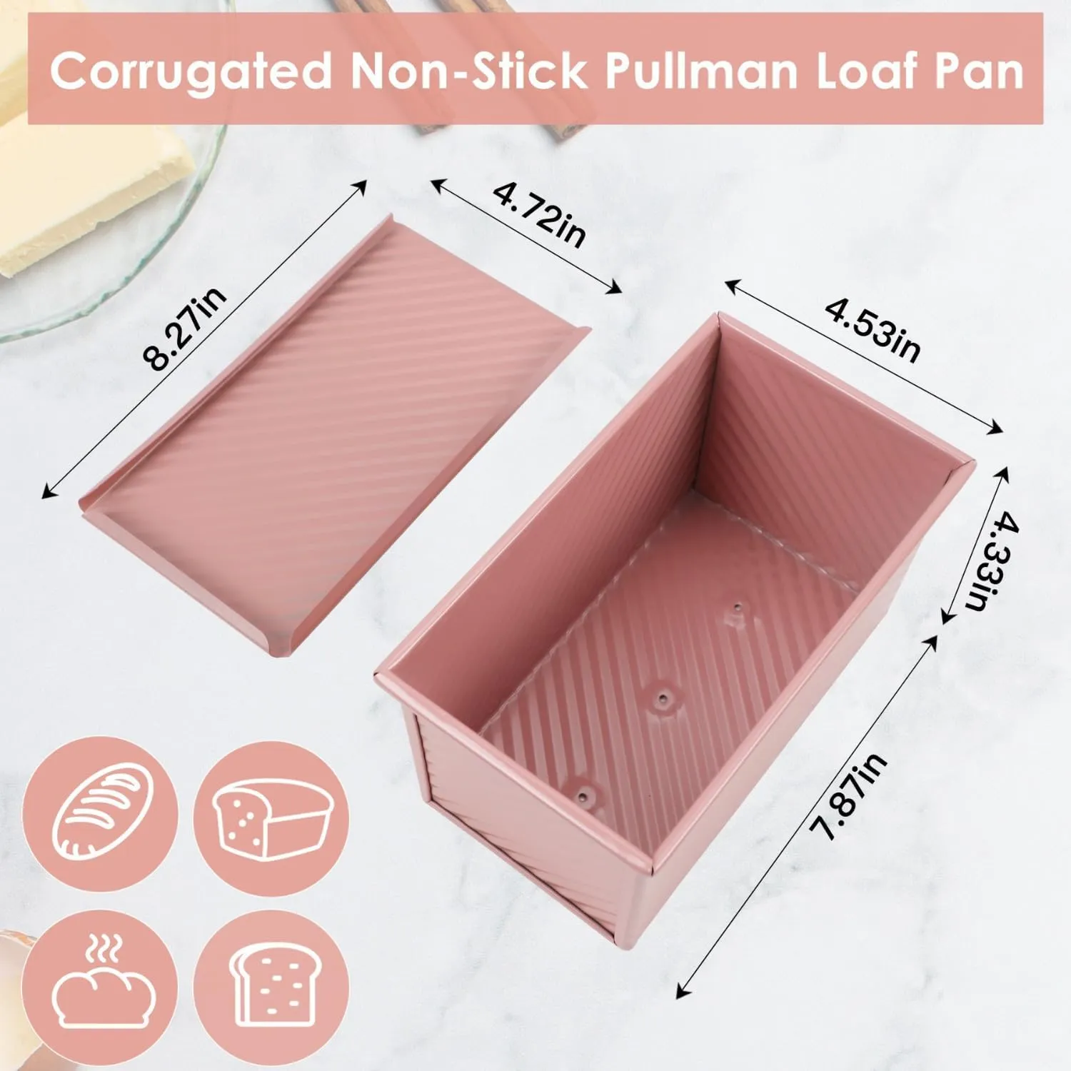 Unique Pink 1LB Bread Loaf Pan with Lid, Non-stick Safe Coating, Compact and Stylish Pullman Loaf Pan with Lid for Sandwich Loaves, Elevate Home Baking Aesthetics