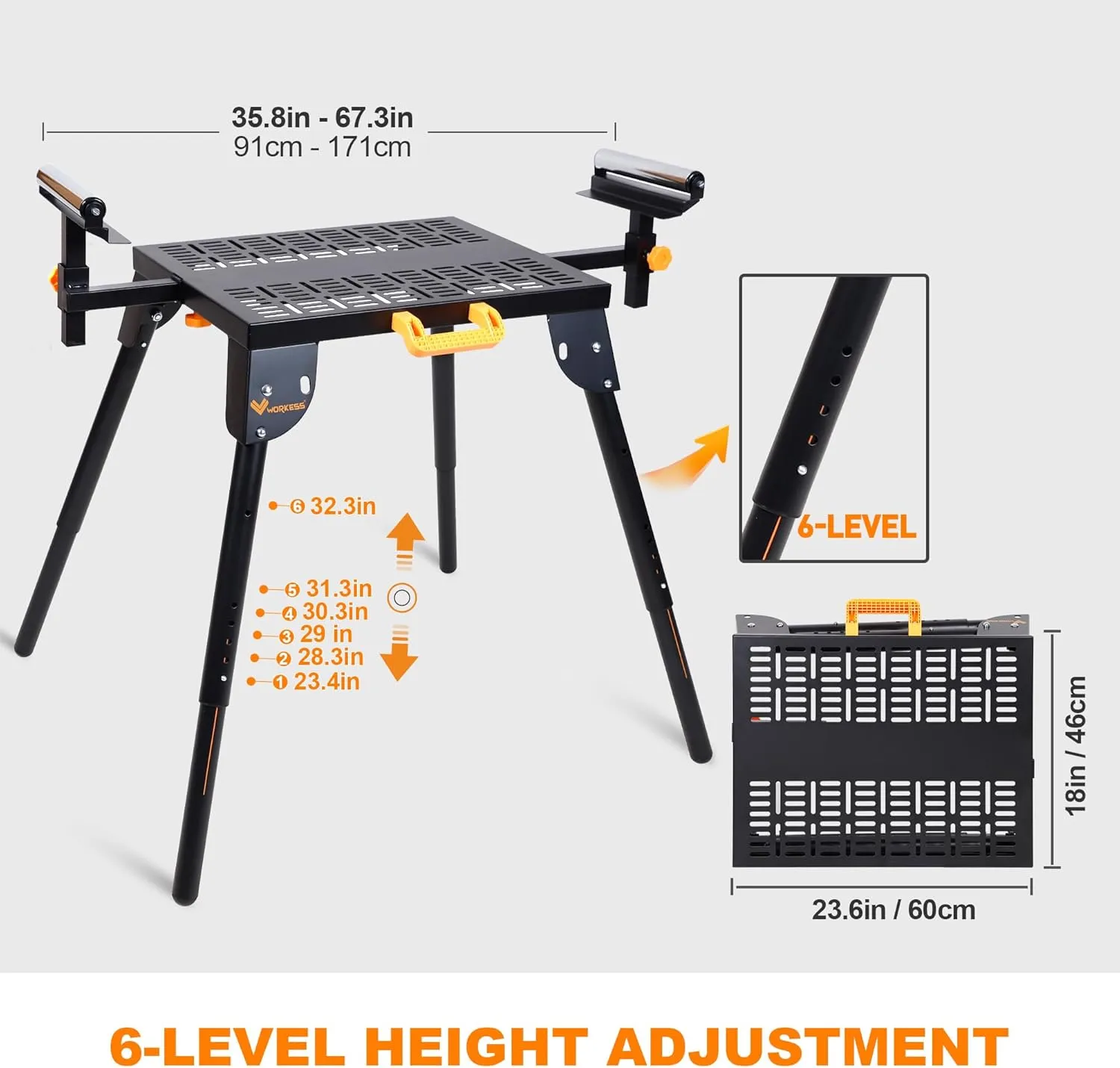 Universal Miter Saw Stand with Grid Tabletop 300 lbs Load Capacity 6-Level Height Adjustment Table Saw Stand WK-MS046