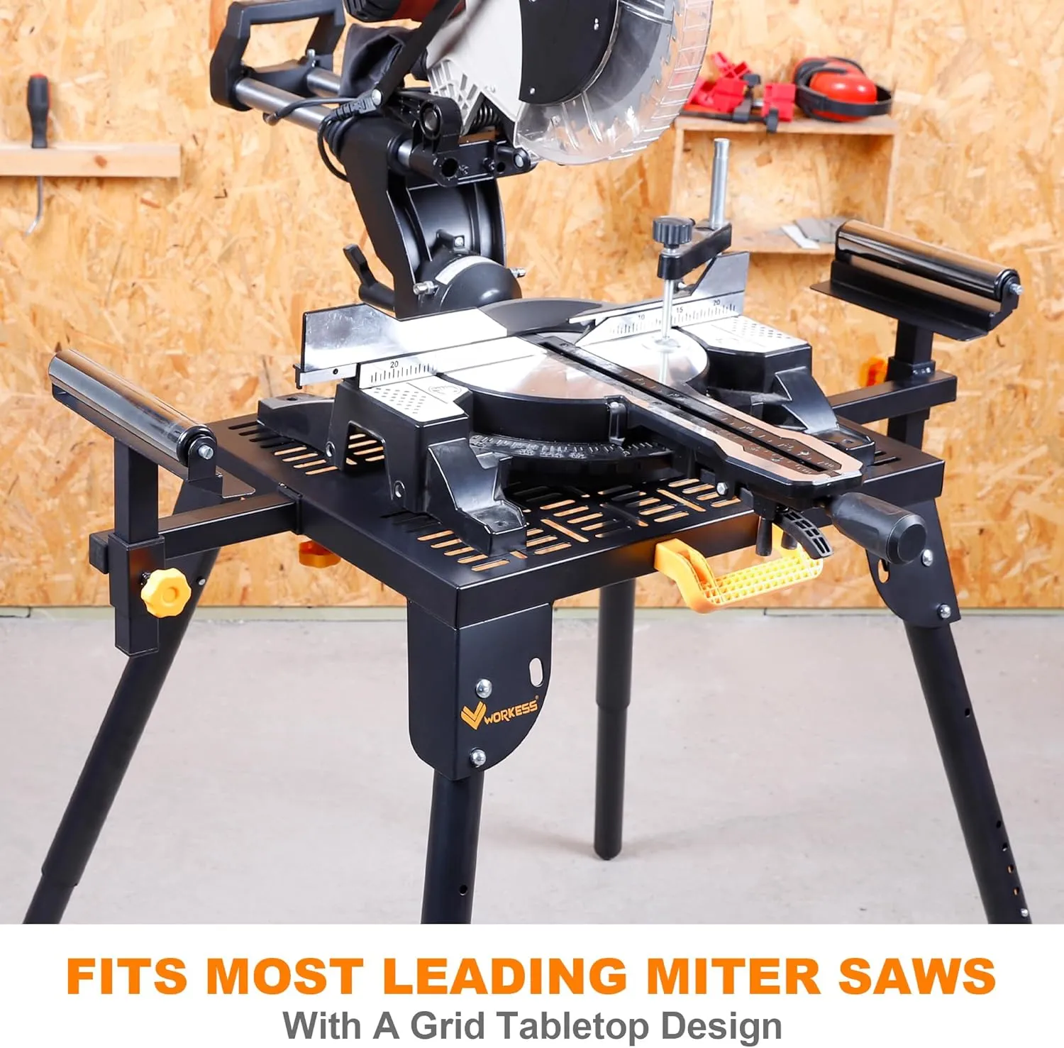 Universal Miter Saw Stand with Grid Tabletop 300 lbs Load Capacity 6-Level Height Adjustment Table Saw Stand WK-MS046