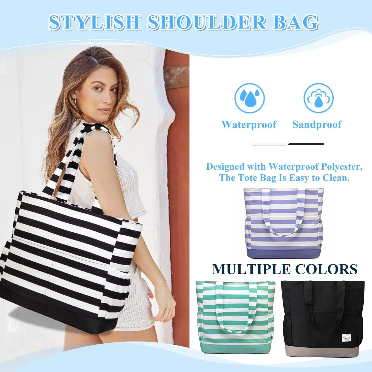 VASCHY Beach Bag for Women, Large Waterproof Sandproof Fold-able Packable Pool Tote Bag w Zipper/Pockets