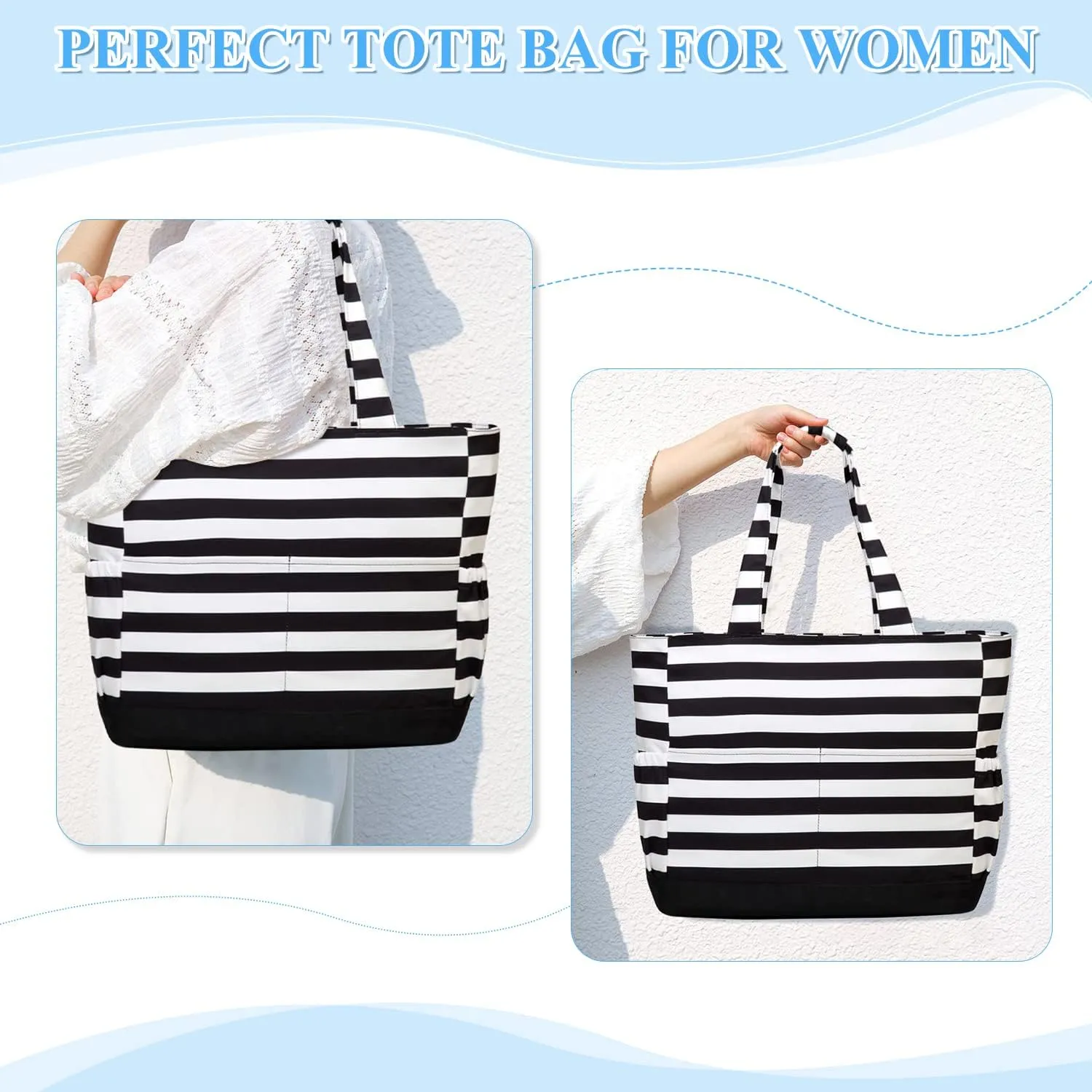 VASCHY Beach Bag for Women, Large Waterproof Sandproof Fold-able Packable Pool Tote Bag w Zipper/Pockets