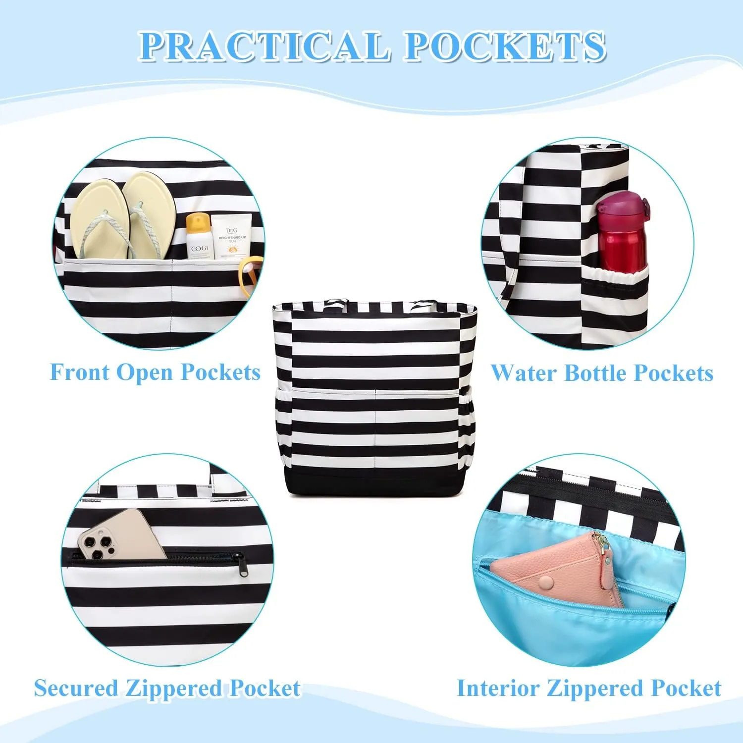VASCHY Beach Bag for Women, Large Waterproof Sandproof Fold-able Packable Pool Tote Bag w Zipper/Pockets