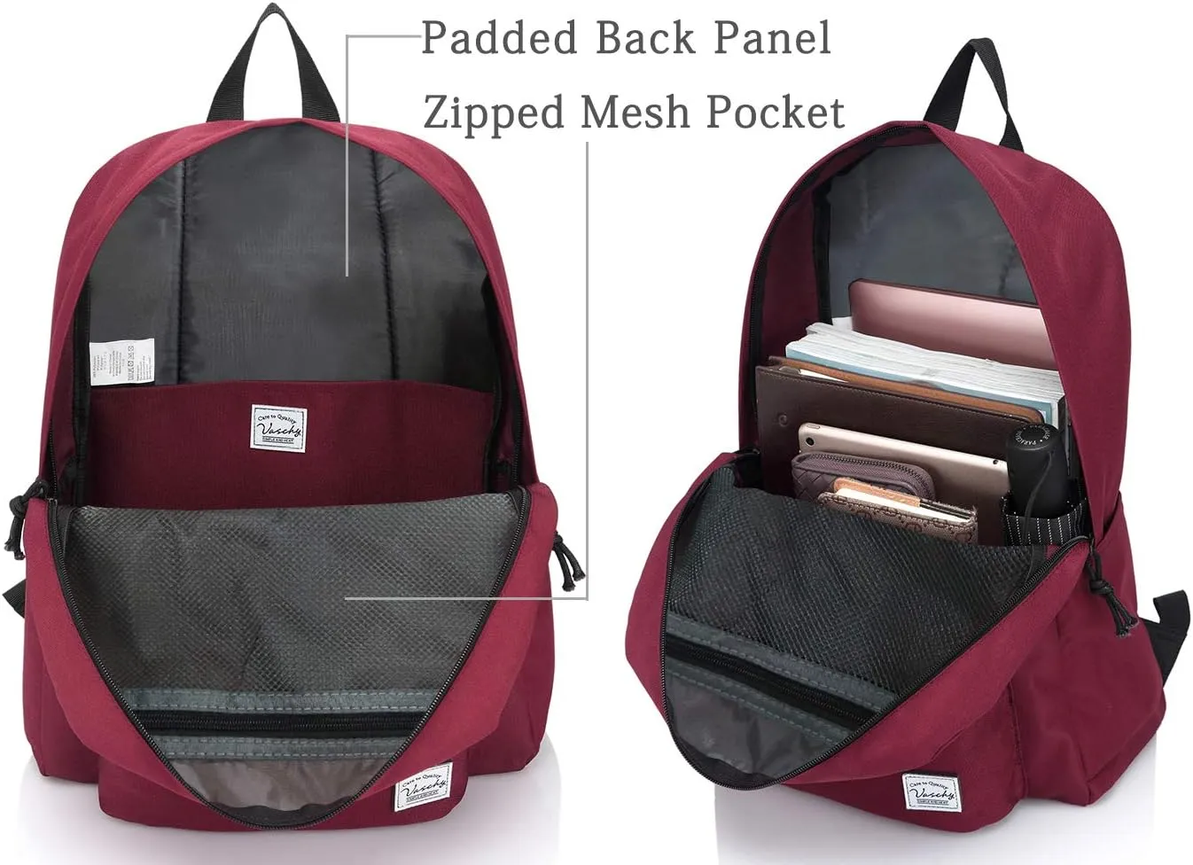 VASCHY Lightweight Backpack,20 Liters Classic Waterproof Collapsible Daypack for Sports and Traveling,Teenagers School Book Bag with Bottle Side Pockets Burgundy