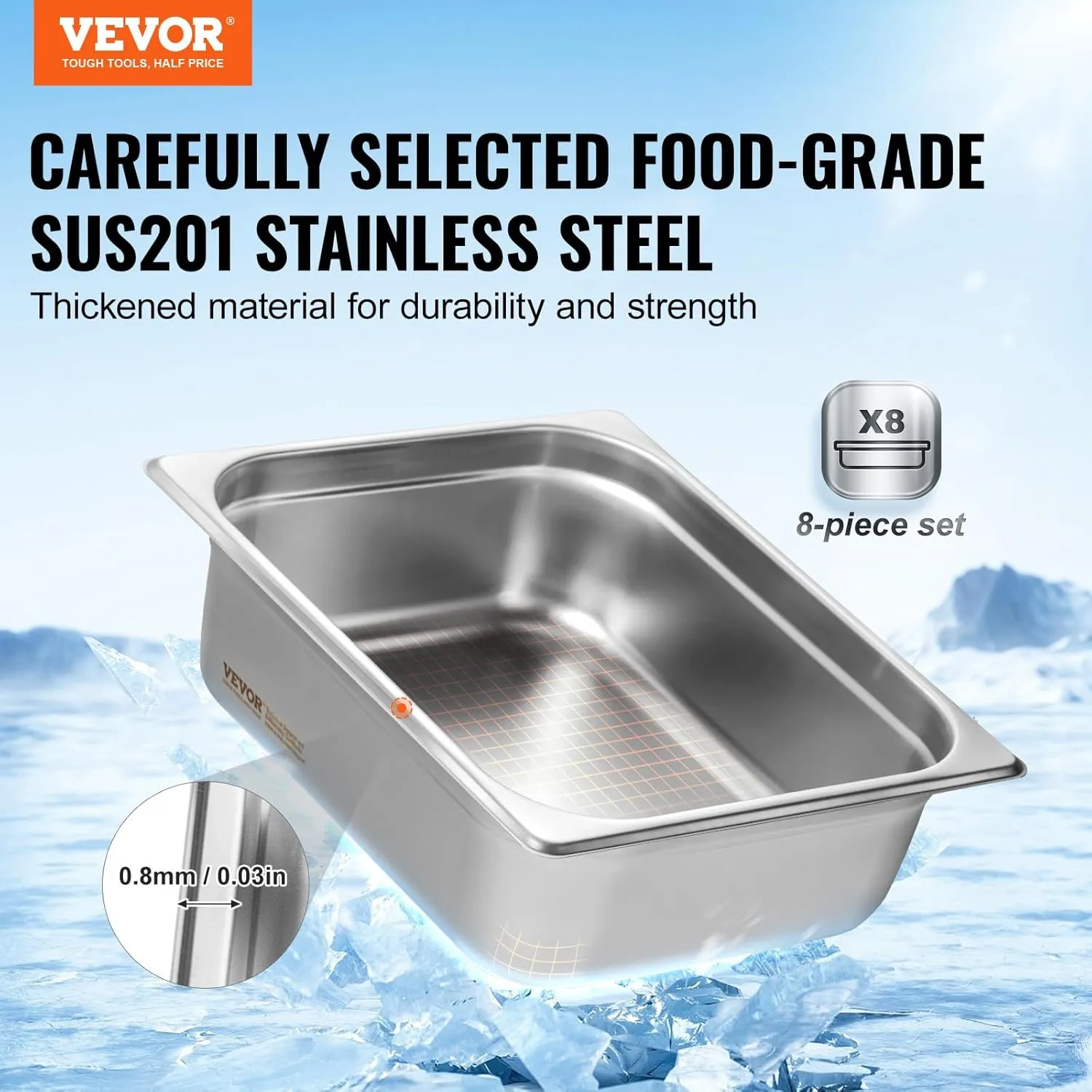 VEVOR 8 Pack Hotel Pans, 1/2 Size Anti-Jam Steam Pan with Lid, 0.8mm Thick Stainless Steel Steam Table Pan, 4-Inch Deep Commercial Table Pan, Catering Storage Food Pan, for Industrial & Scientific