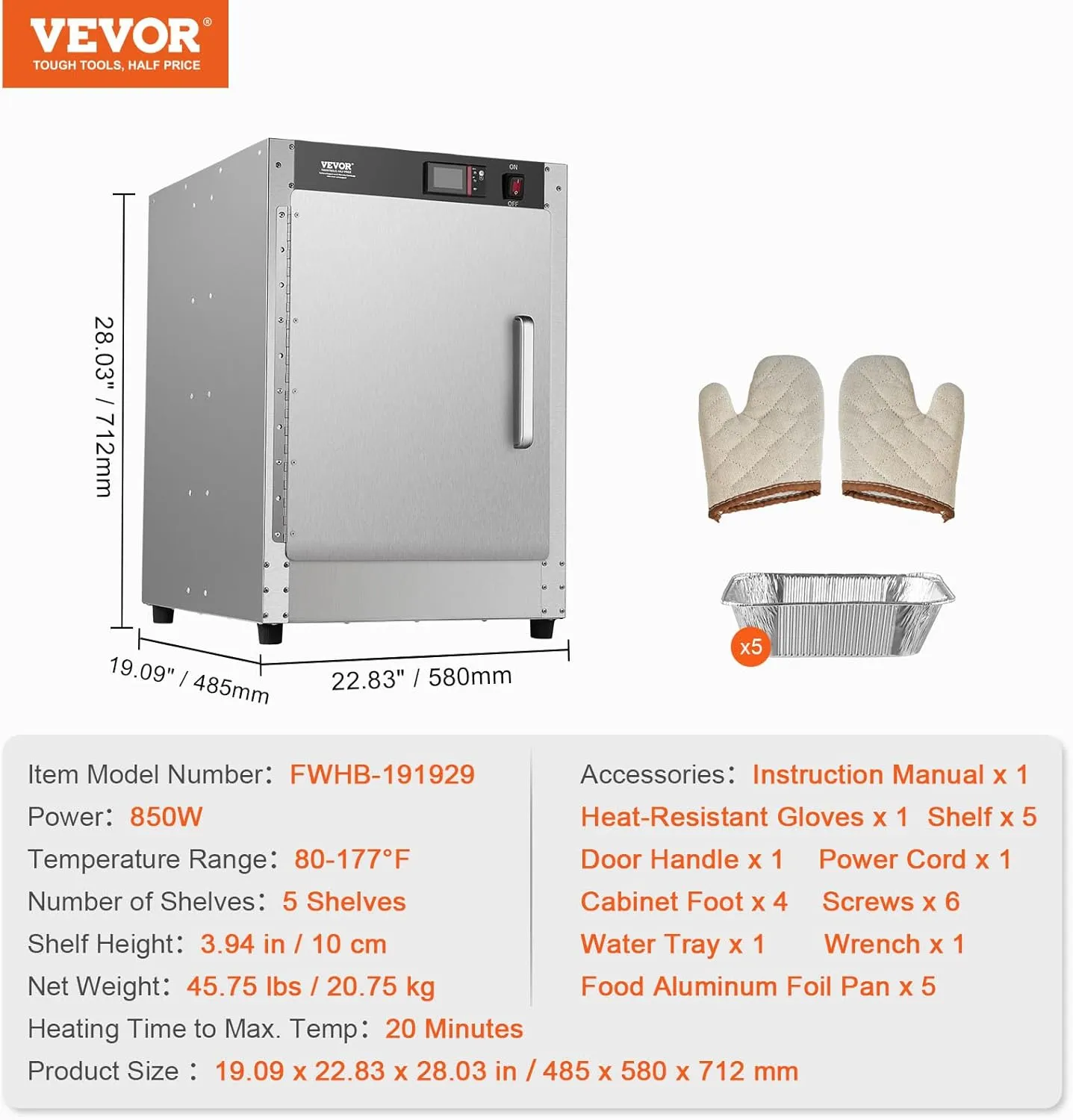 VEVOR Hot Box Food Warmer, 5-Tier Concession Warmer with Water Tray, 5 Pans, Single-Door and Adjustable Shelves, Stainless Steel Food Warmer Cabinet, Ideal for Storing Pizza, Chicken, Restaurant