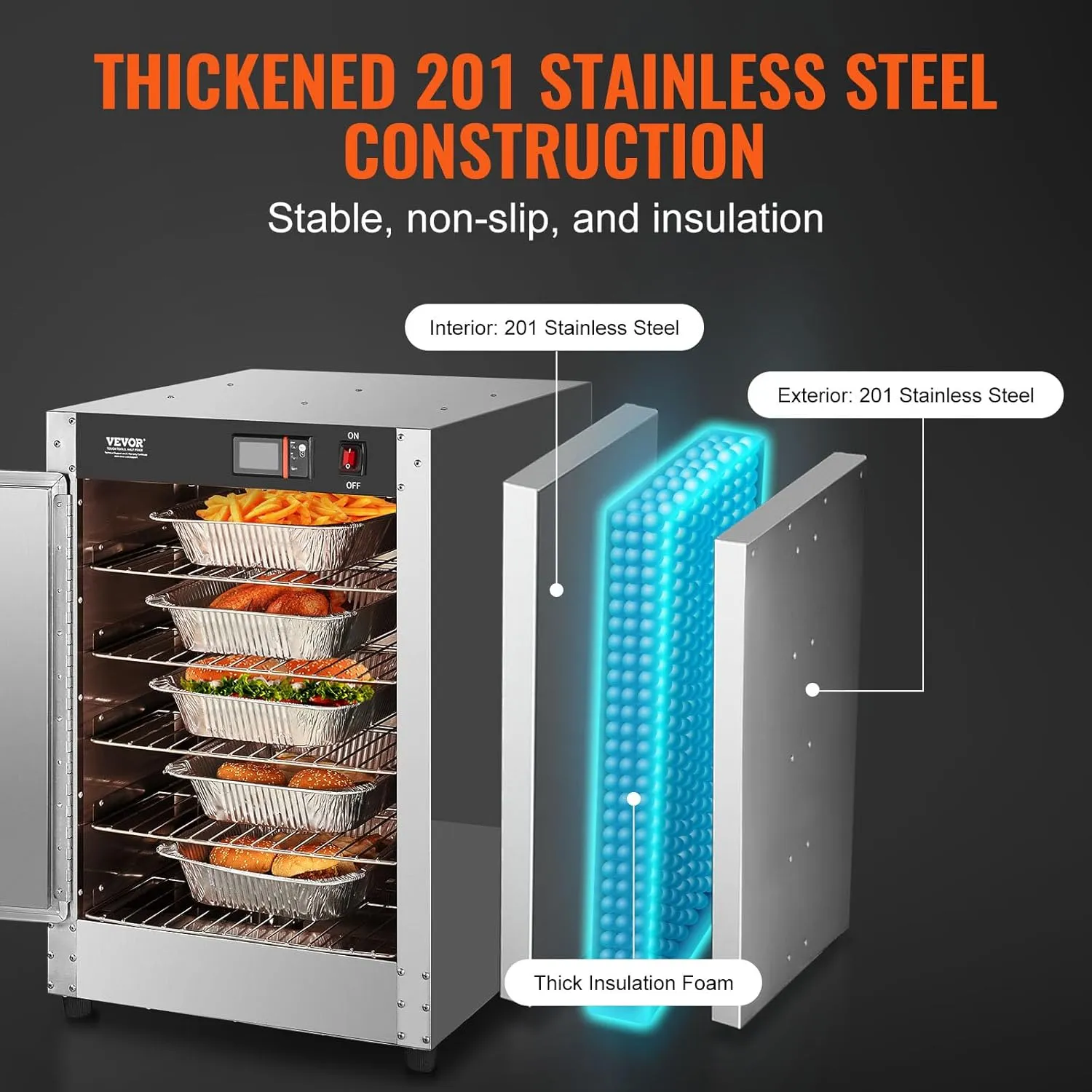 VEVOR Hot Box Food Warmer, 5-Tier Concession Warmer with Water Tray, 5 Pans, Single-Door and Adjustable Shelves, Stainless Steel Food Warmer Cabinet, Ideal for Storing Pizza, Chicken, Restaurant