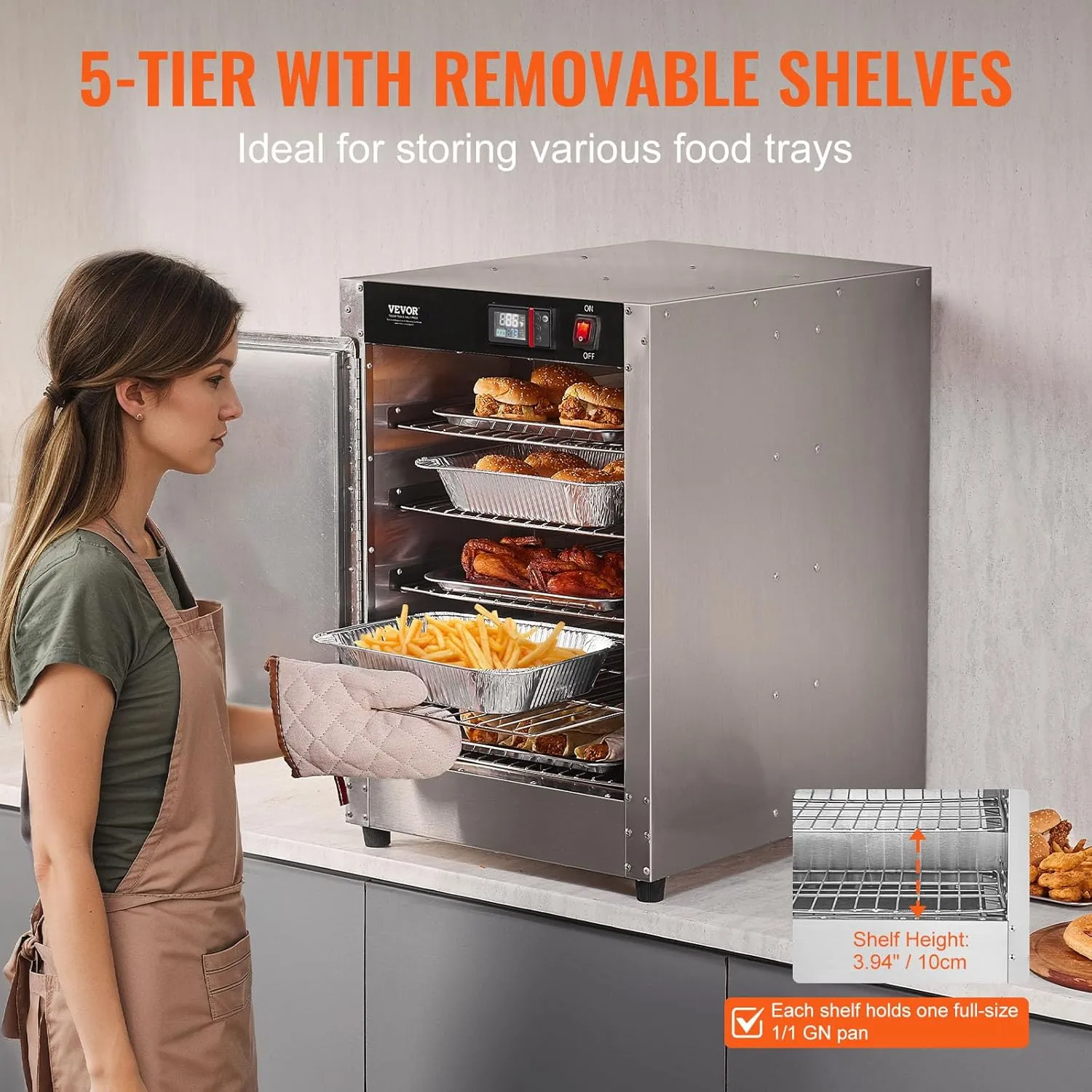VEVOR Hot Box Food Warmer, 5-Tier Concession Warmer with Water Tray, 5 Pans, Single-Door and Adjustable Shelves, Stainless Steel Food Warmer Cabinet, Ideal for Storing Pizza, Chicken, Restaurant